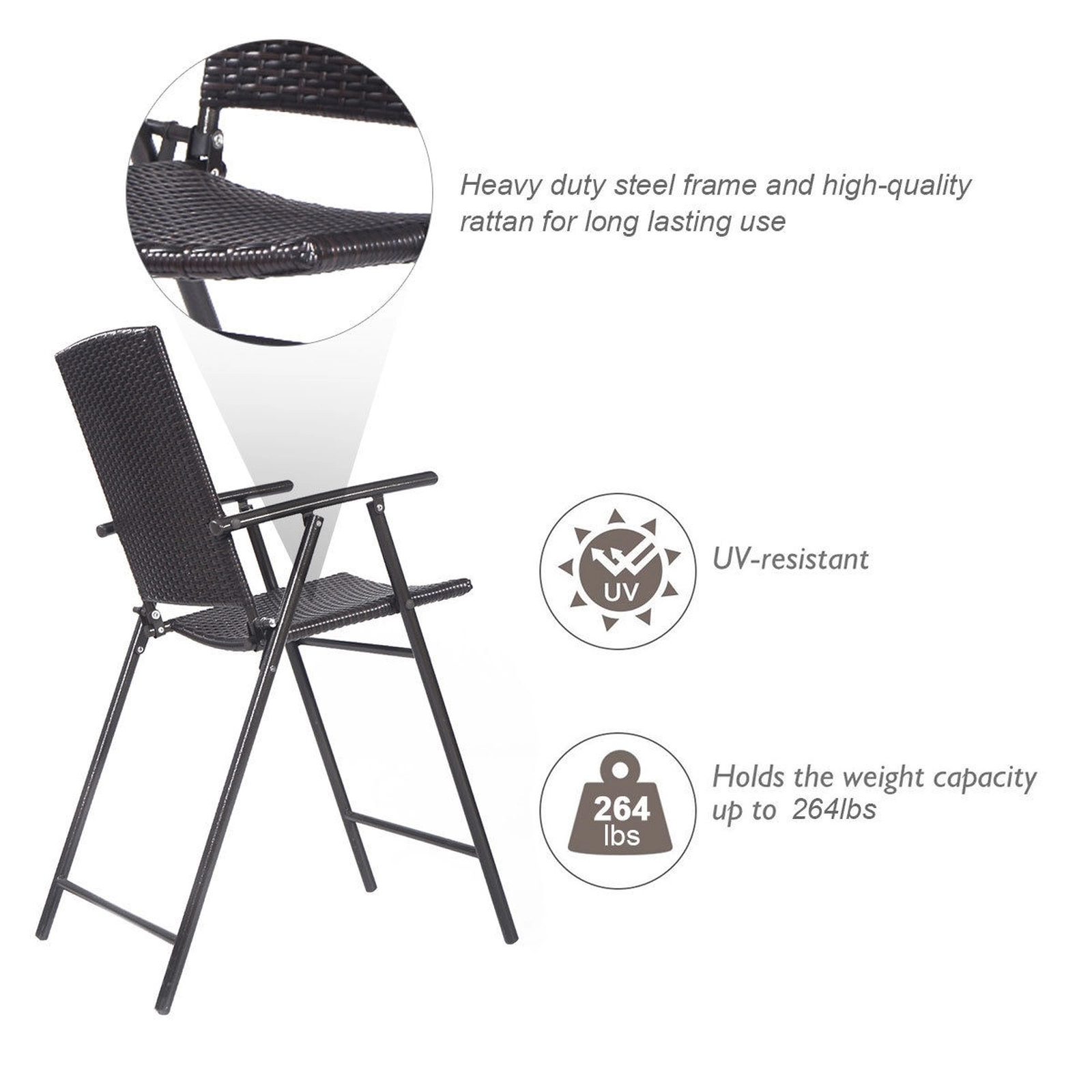 SUGIFT Set of 4 Folding Rattan Bar Chair Set with Footrests and Armrests 24-in Seat Height Brown
