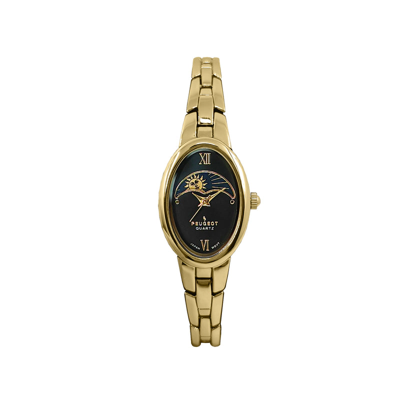 Peugeot Women's Gold 30x25mm Sun Moon Dial Link Bracelet Watch with Black Dial