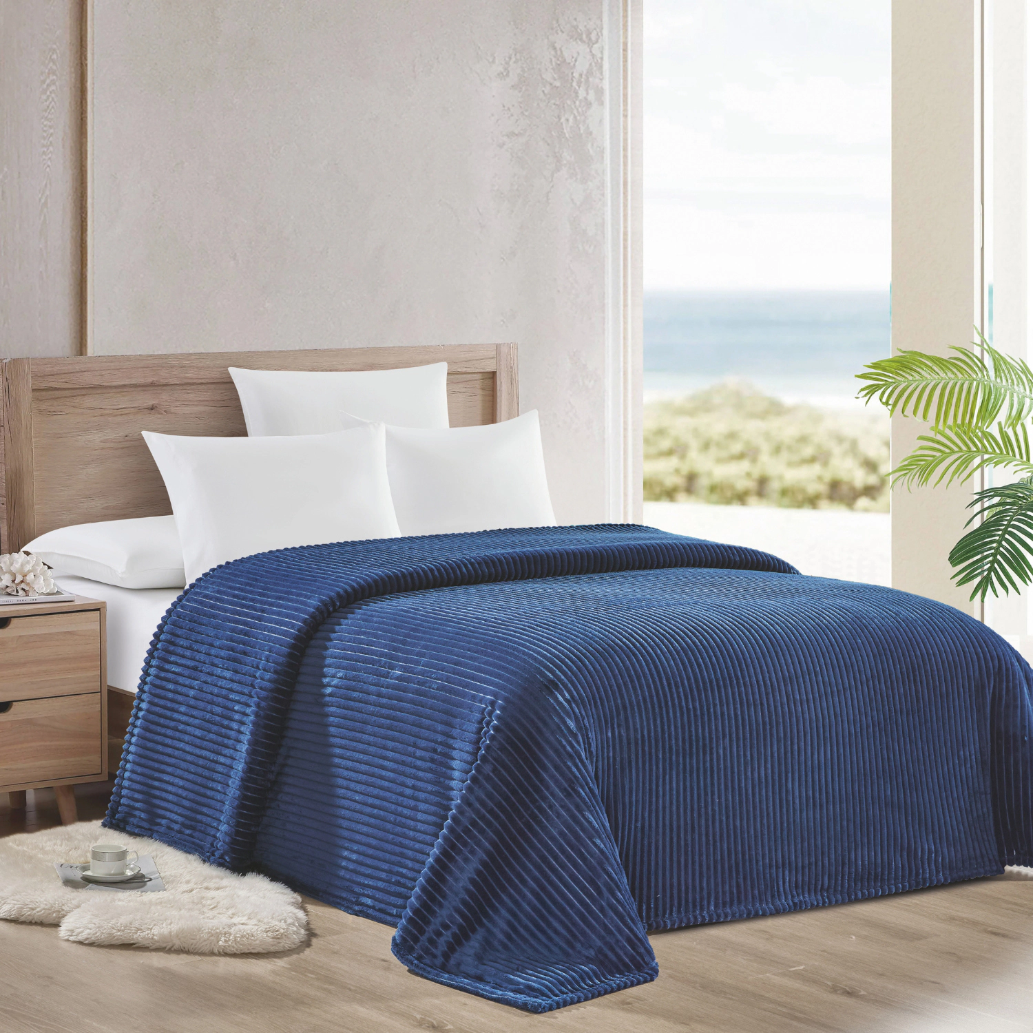 Plazatex Striata Lined Oversized All Season 100% Polyester Blanket Queen 90" x 90" Navy
