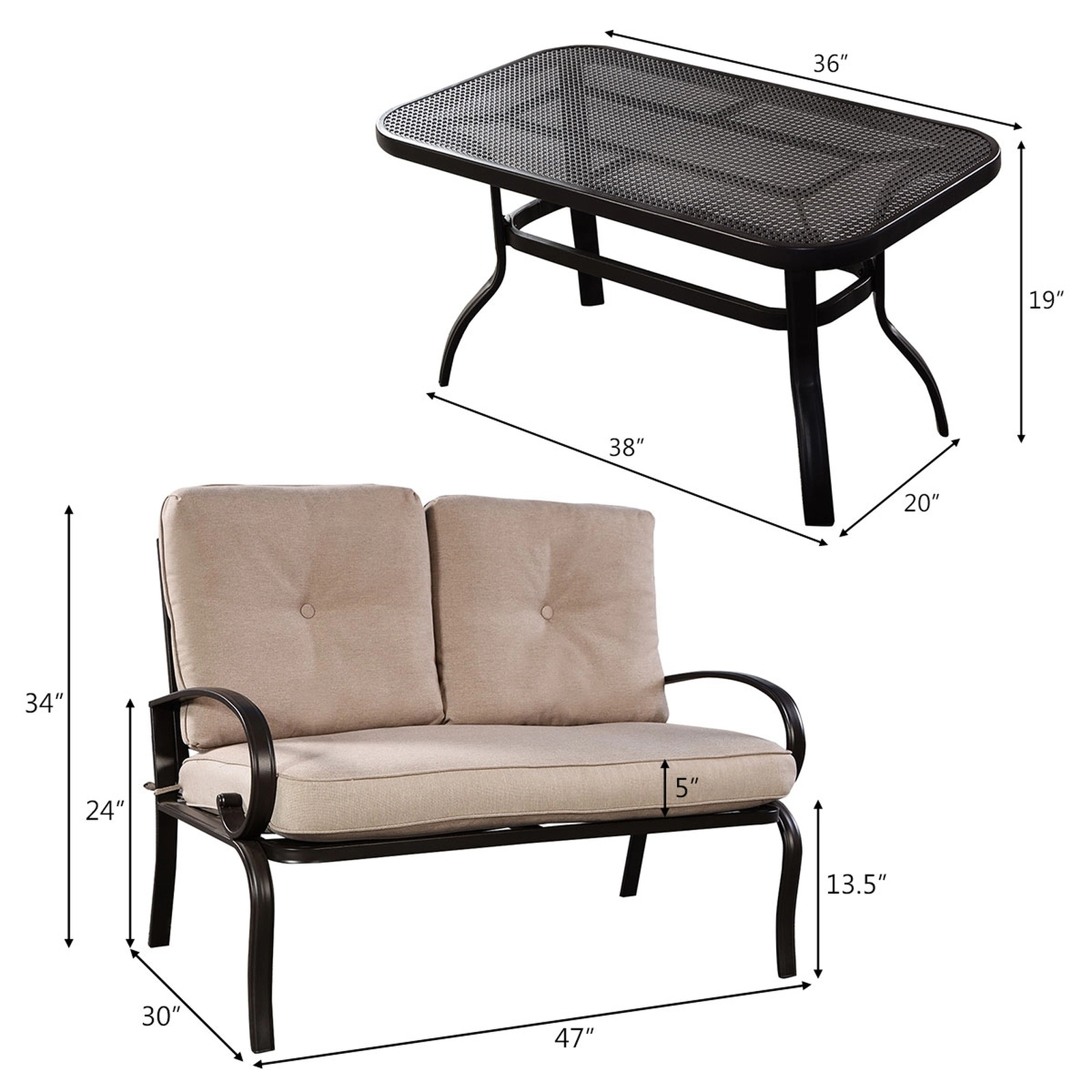 SUGIFT Patio Conversation Loveseat and Coffee Table Set 550-lb Capacity Beige