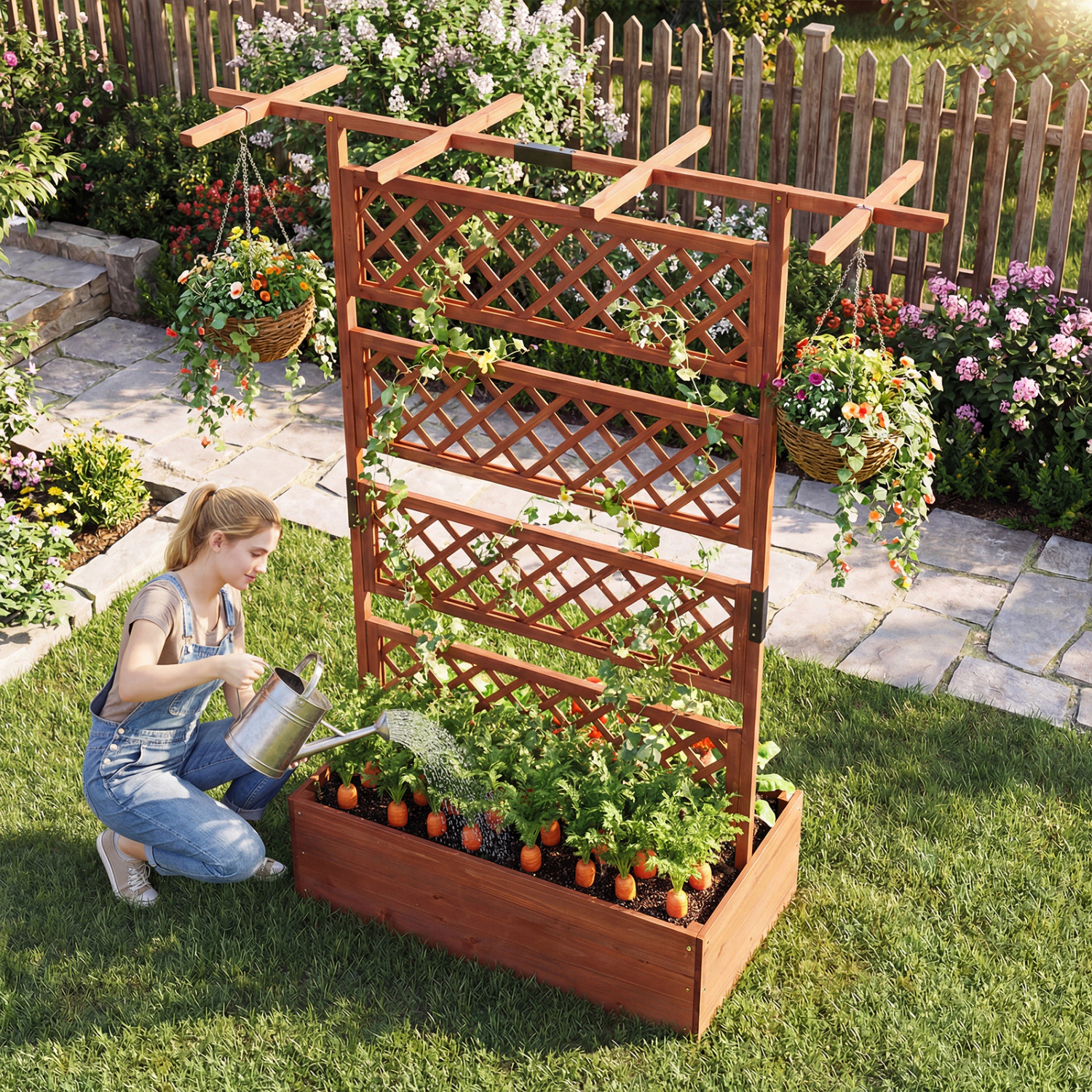 LJG Wooden Planter Box with Lattice Trellis Raised Garden Bed Privacy Screen Flat Roof