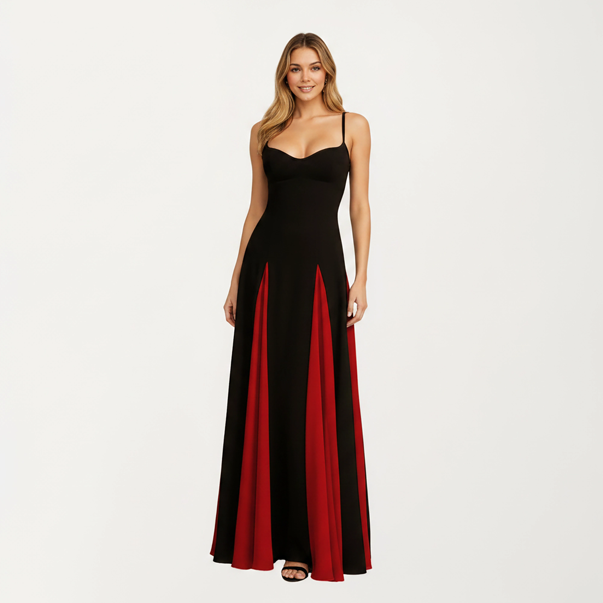 Anna-Kaci Women's Spaghetti Strap Fitted Contrast Panel Floor Length Dress