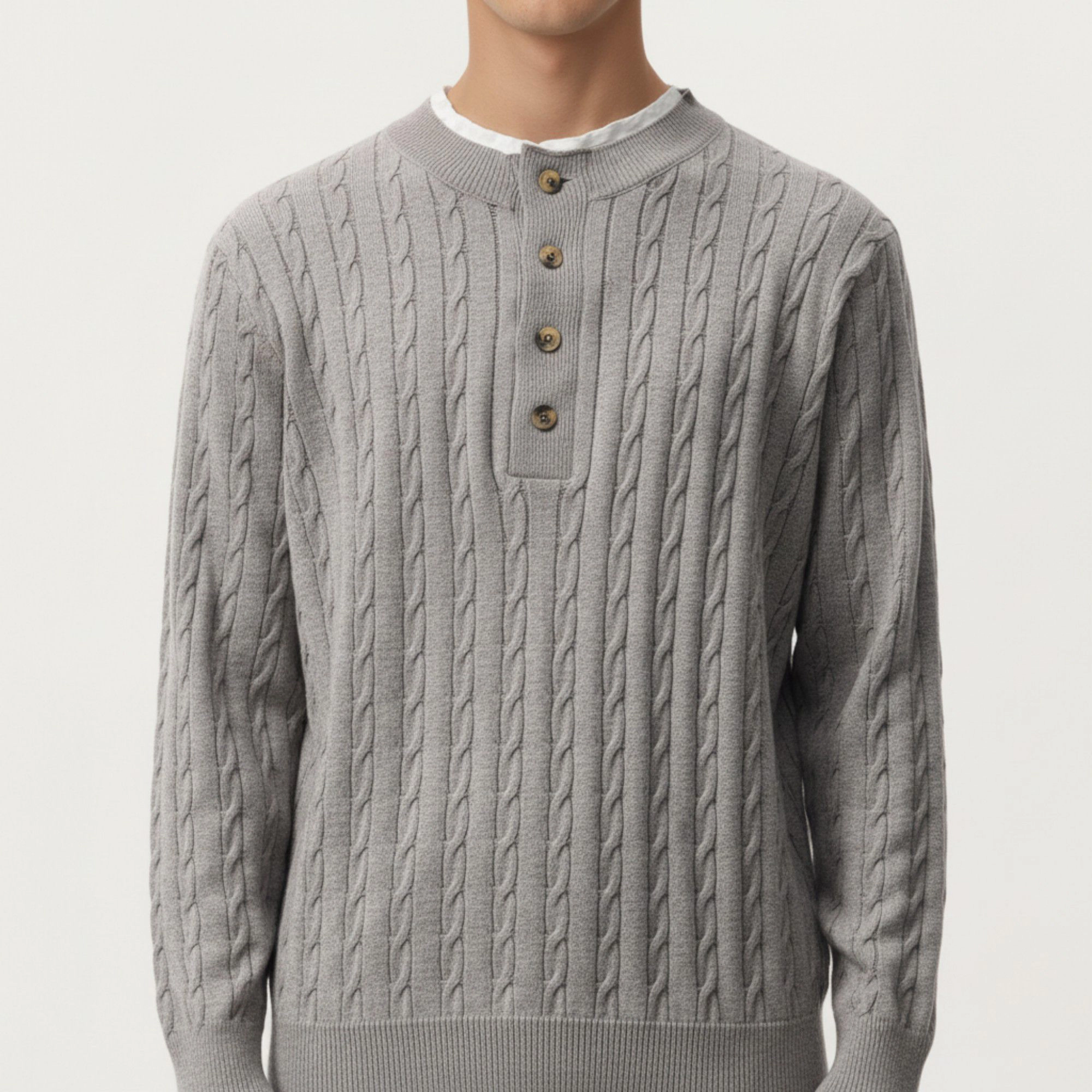 Anna-Kaci Men's Long Sleeve Cable Knit Henley Sweater with Button Placket and Ribbed Trim