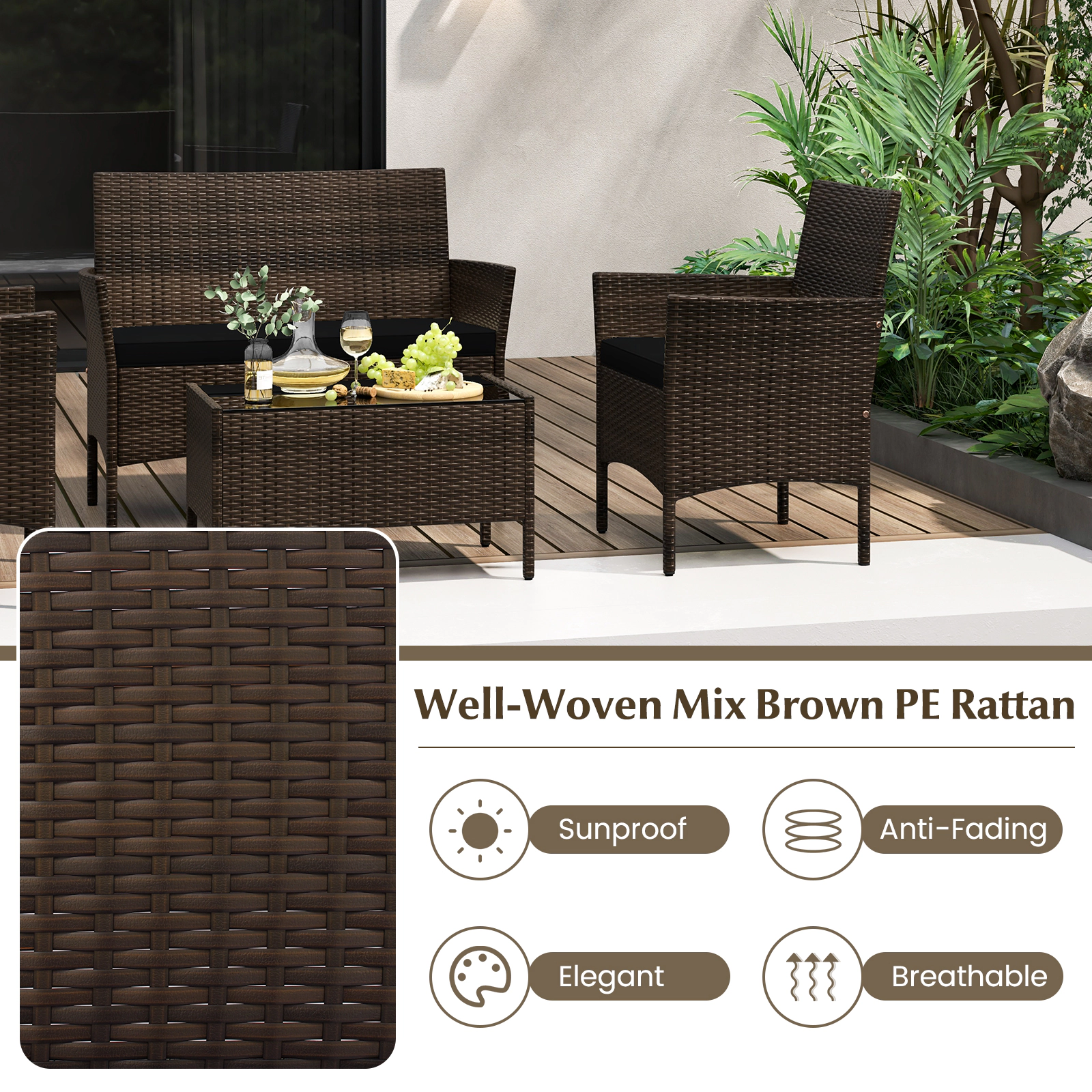 SUGIFT Cushioned Loveseat and Table 4-Piece Patio Rattan Conversation Set