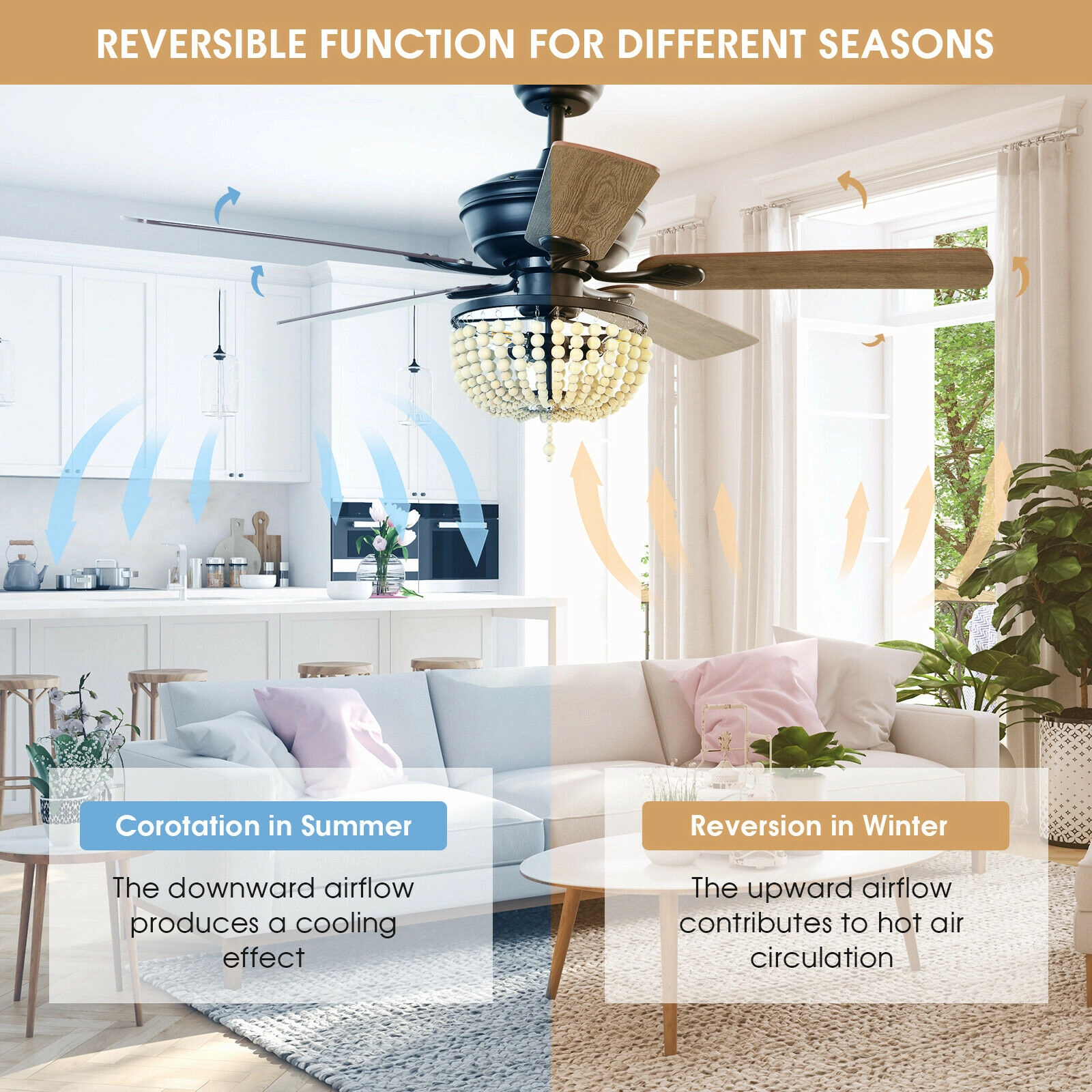 SUGIFT Black 5-Blade Retro Ceiling Fan with Beaded Lampshade and Remote Control 52-in Dia 5530-CFM
