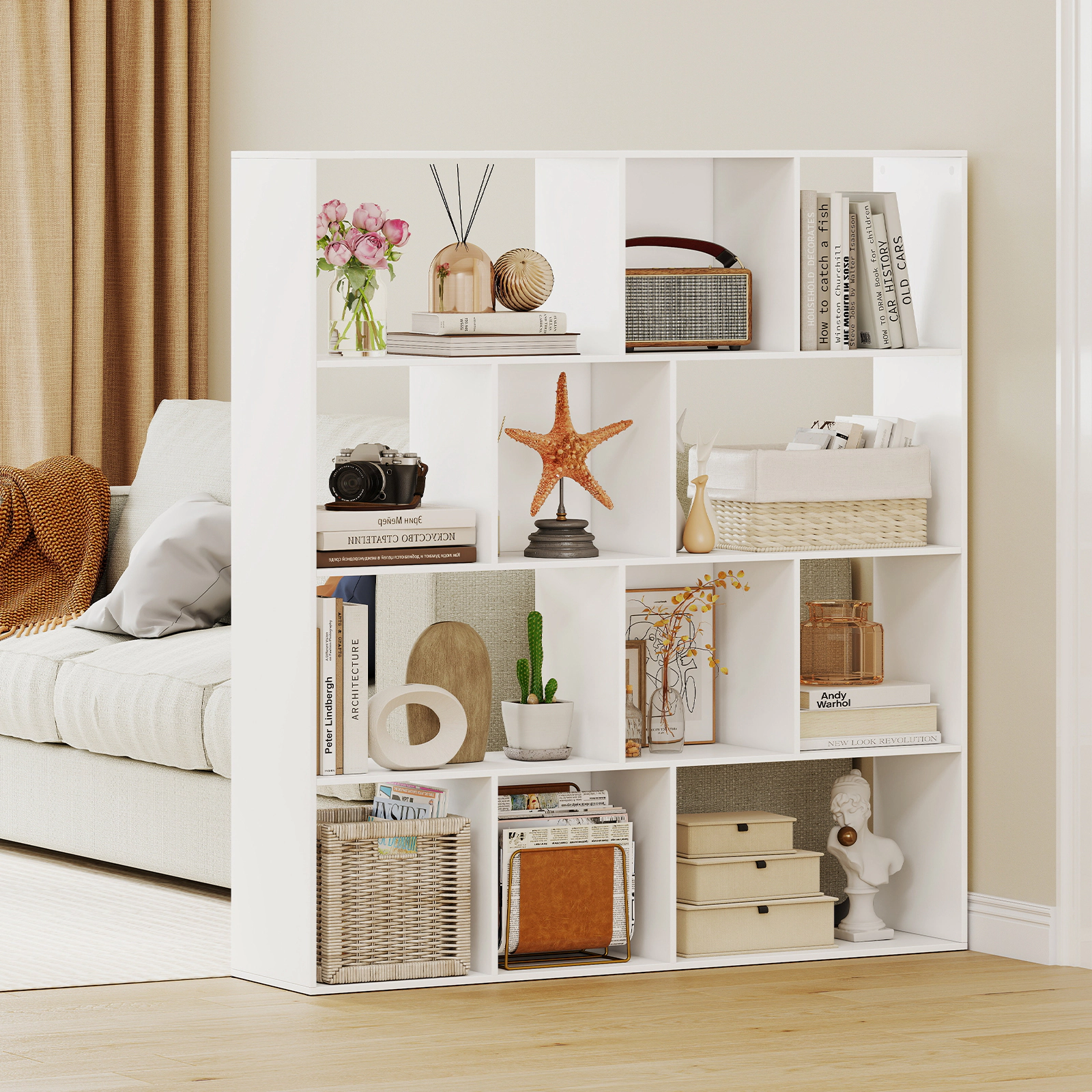 SUGIFT 4-Tier Open Shelf Bookcase with 12 Storage Compartments 485-lb Capacity Engineered Wood MDF White