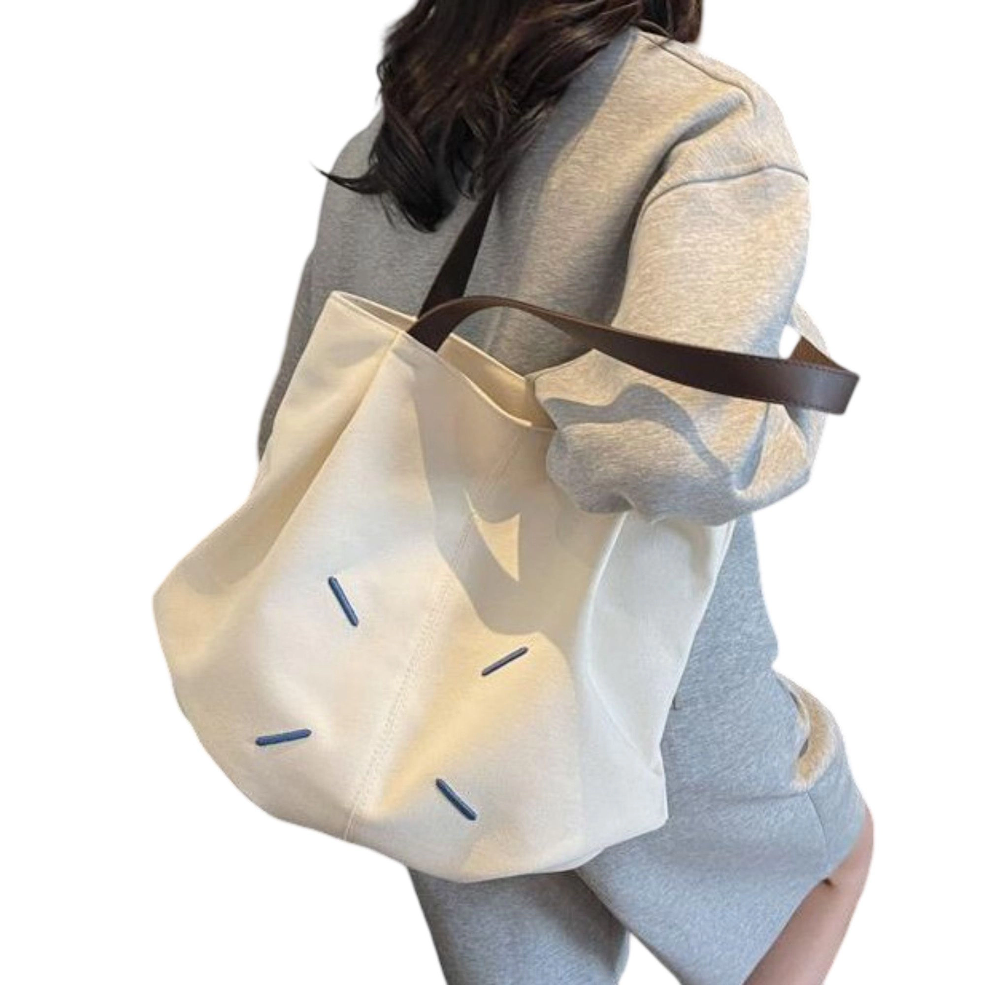 Alilang Women's Canvas Tote Bag with Contrast Handles and Decorative Stitch Detail