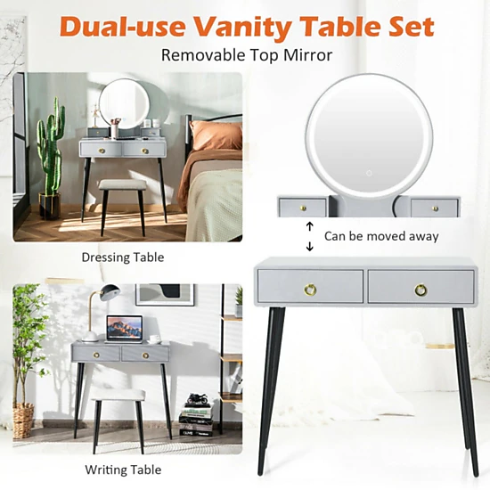 SUGIFT 3-Color Vanity Table and Stool Set with Lighted Mirror and 4 ...