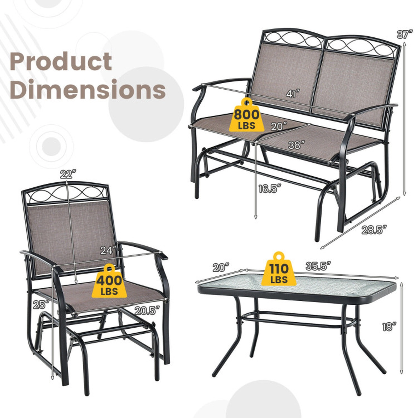 SUGIFT Brown Tempered Glass Coffee Table 4-Piece Patio Glider Conversation Set