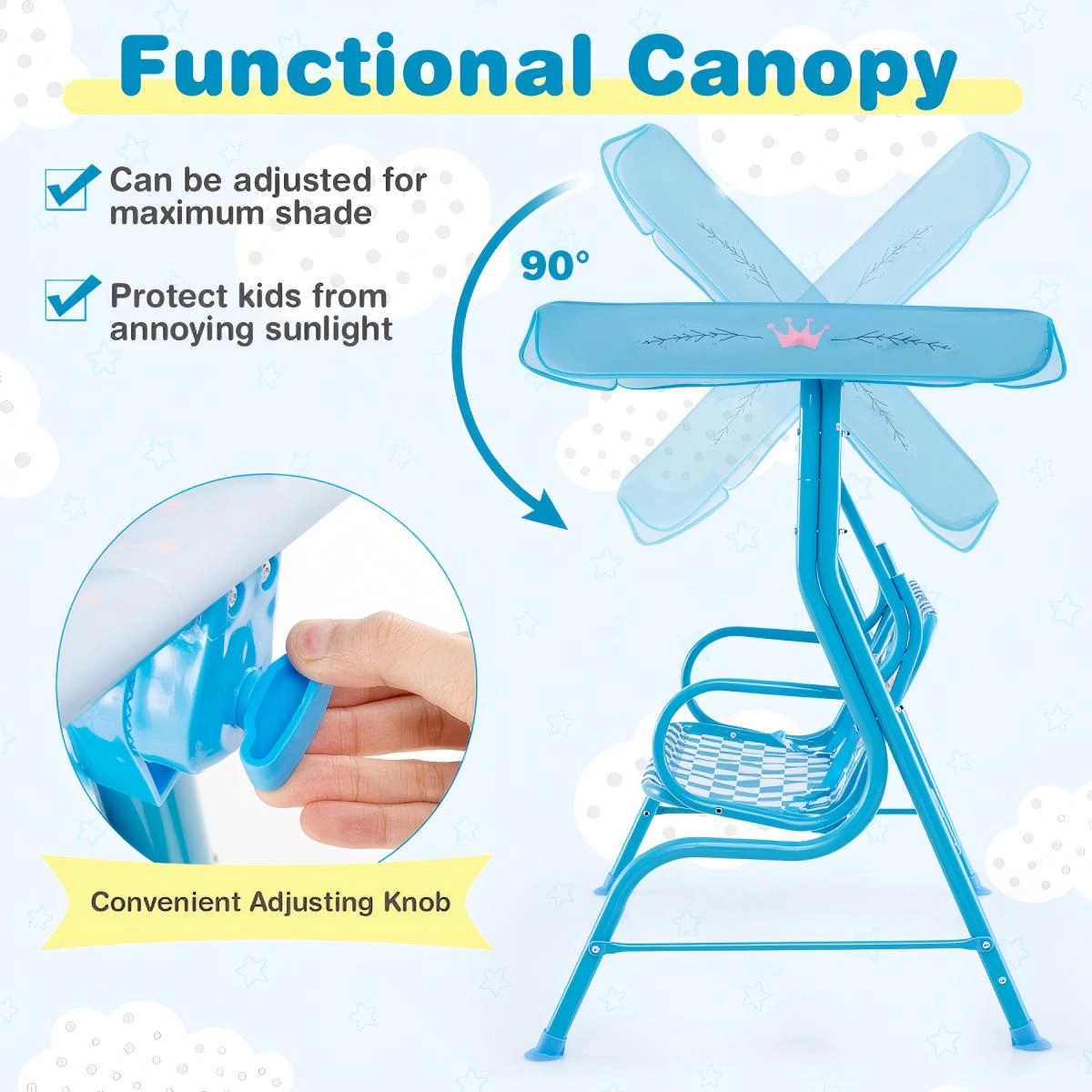 SUGIFT 2-Seat Kids Outdoor Swing with Metal Stand, Canopy and Safety Belts, Navy