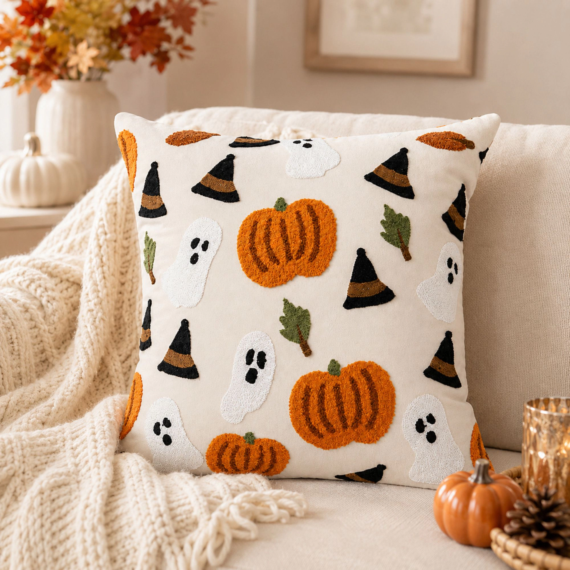Alilang Halloween Embroidered Pumpkin Decorative Throw Pillow Cover 17.7 x