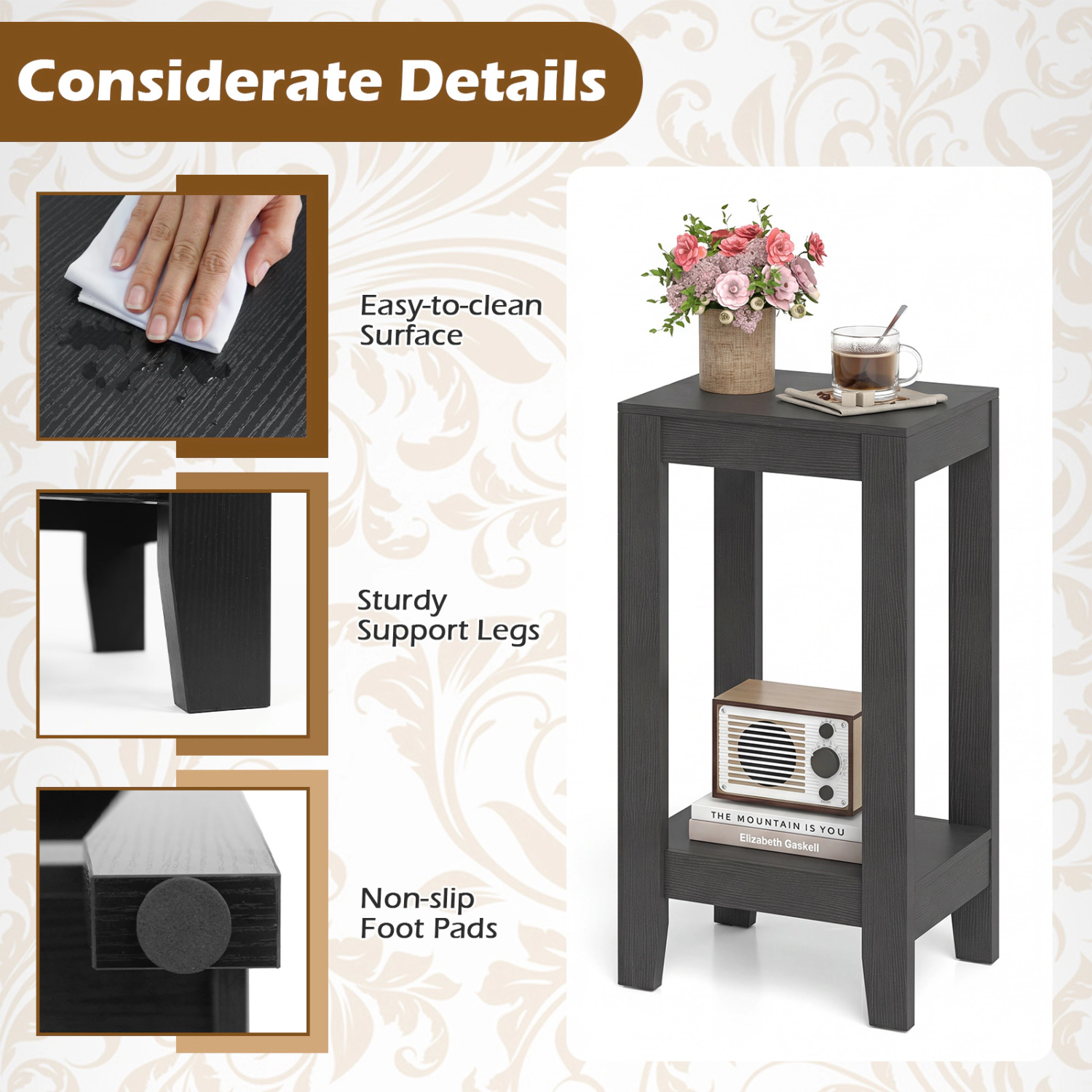 Glintex Tall 2-Tier Wood End Table with Open Storage Shelf and Solid Legs