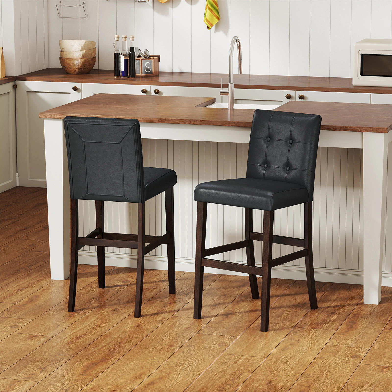 SUGIFT Set of 2 PVC Leather Bar Stools with Solid Wood Legs 243-lb Capacity Black