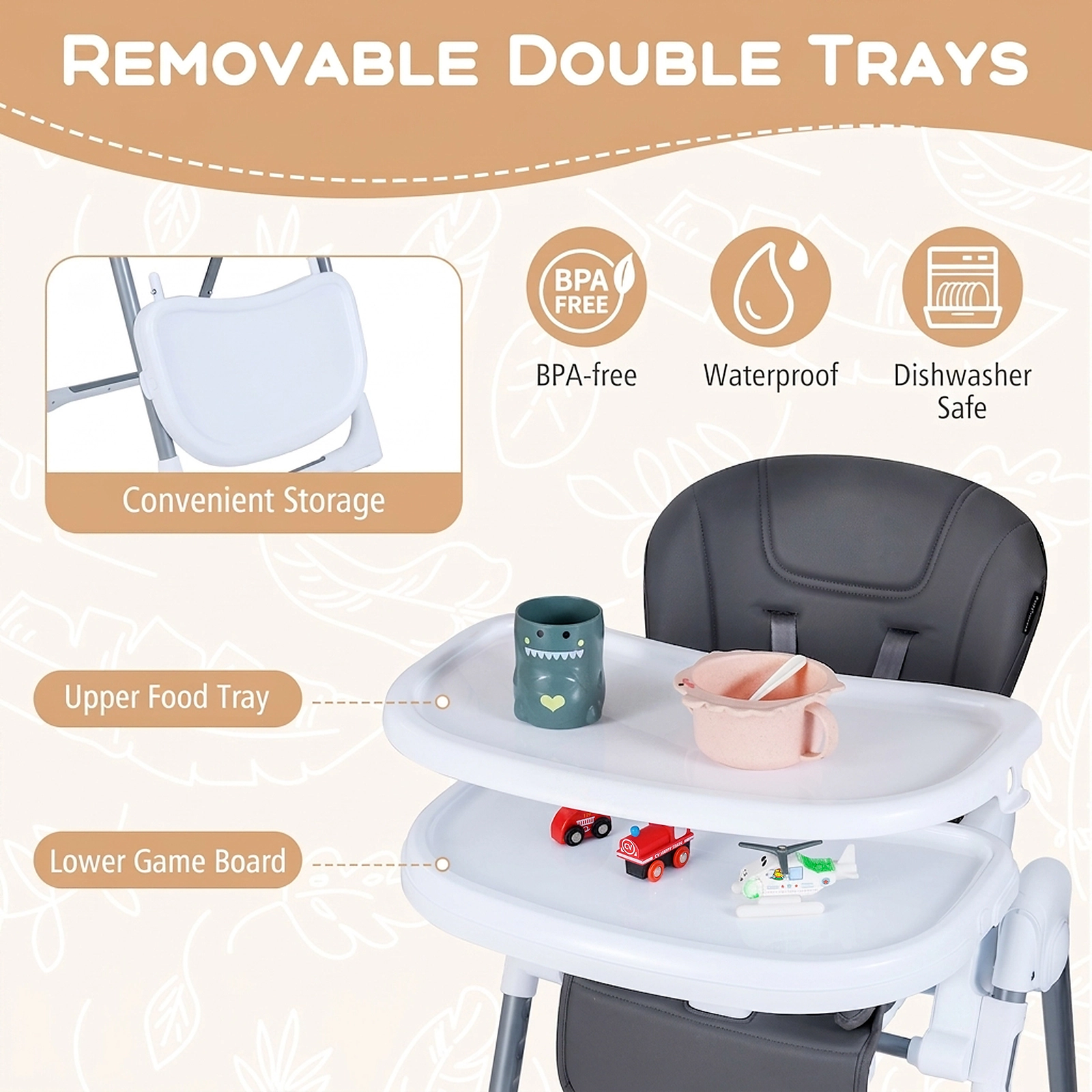 Foldable Baby High Chair Removable Toy Bar Reclining Backrest Dishwasher-Safe Double Trays for Toddlers Dark Gray