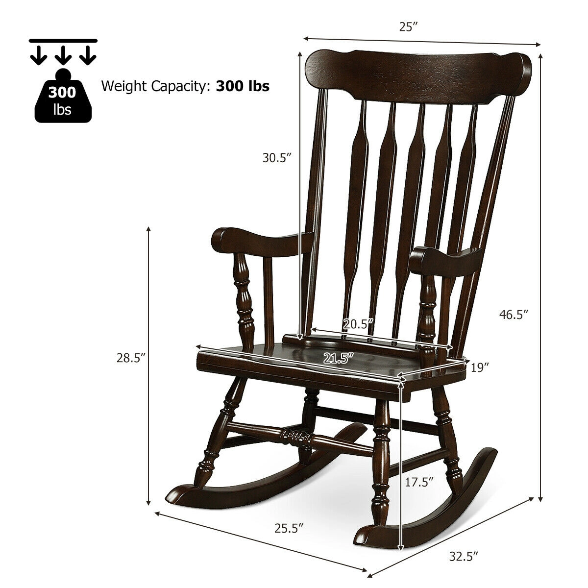 SUGIFT 300-lb Capacity Brown Solid Rubber Wood Indoor Outdoor Rocking Chair with Slatted Back and Curved Armrests