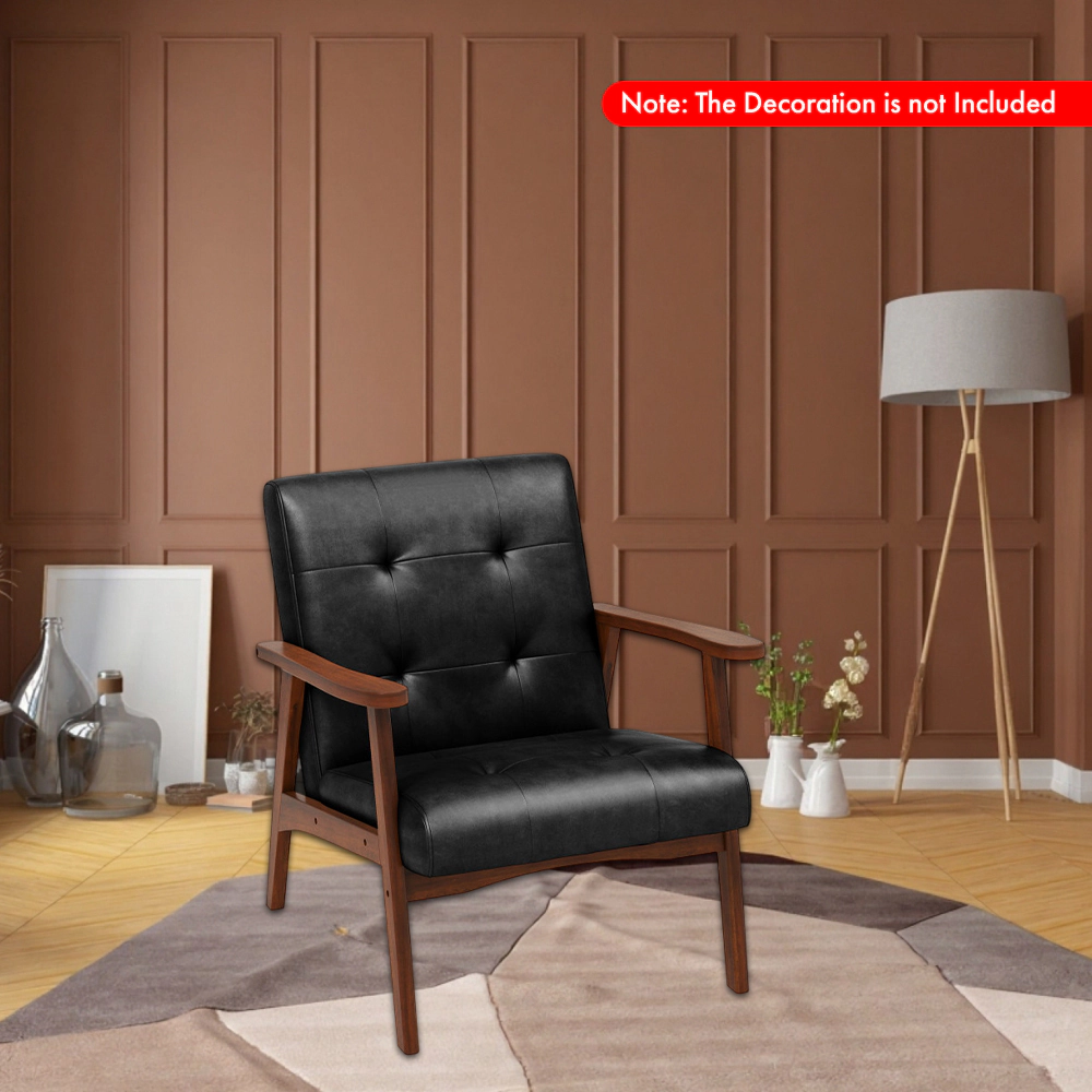 Hivvago Mid-Century Leather Upholstered Accent Chair with Solid Rubber Wood Frame