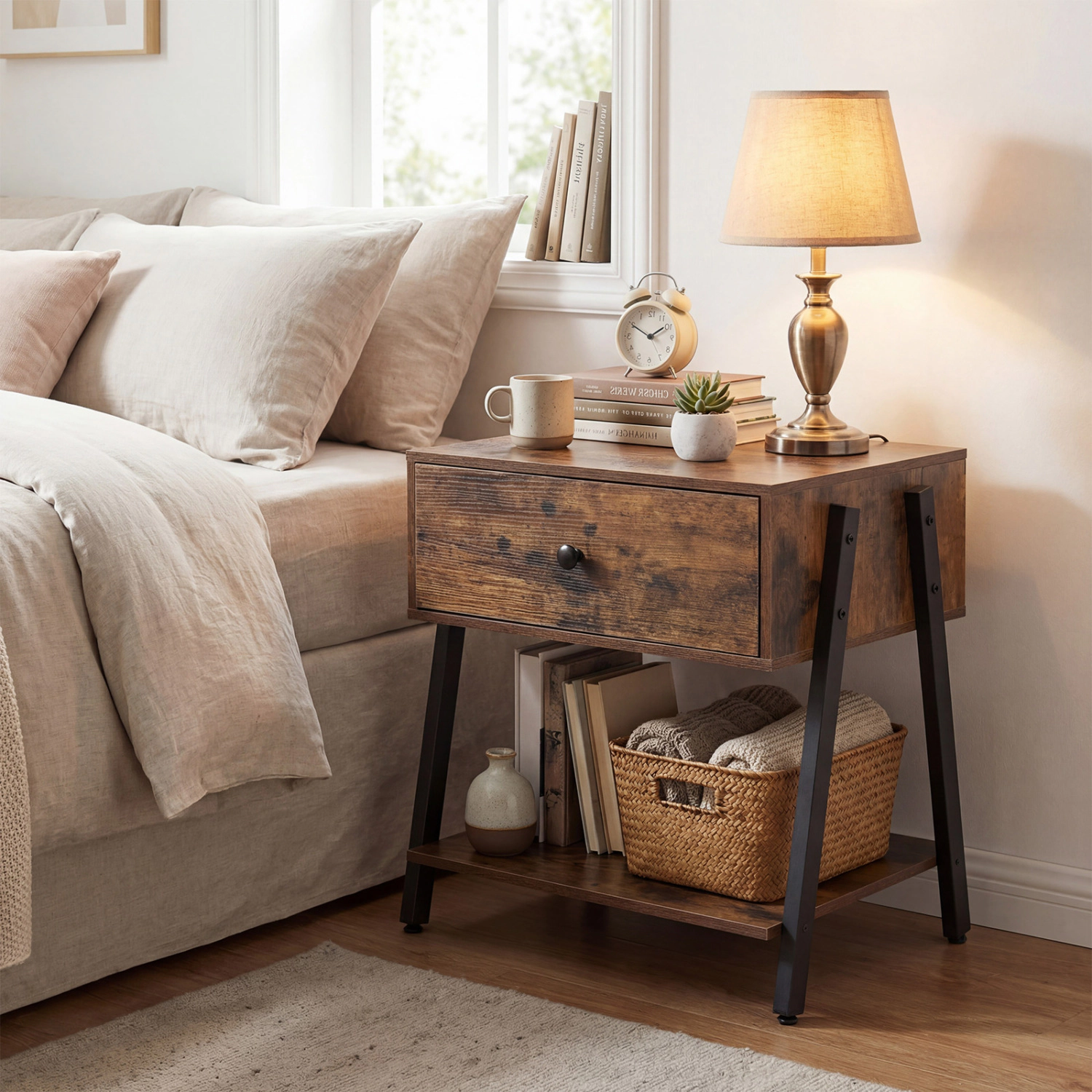 Hivvago Industrial Nightstand with Drawer and Adjustable Foot Pads for Bedroom