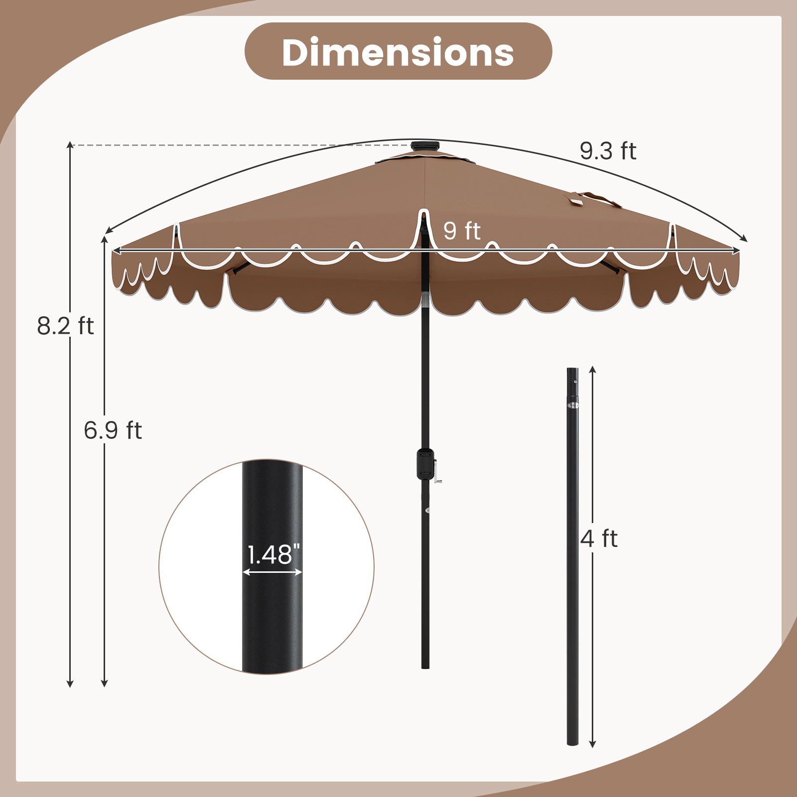 SUGIFT 9.3-ft Solar Patio Umbrella with 24 LED Lights 2-Section Crank Tilt Vented Ruffled Canopy Coffee