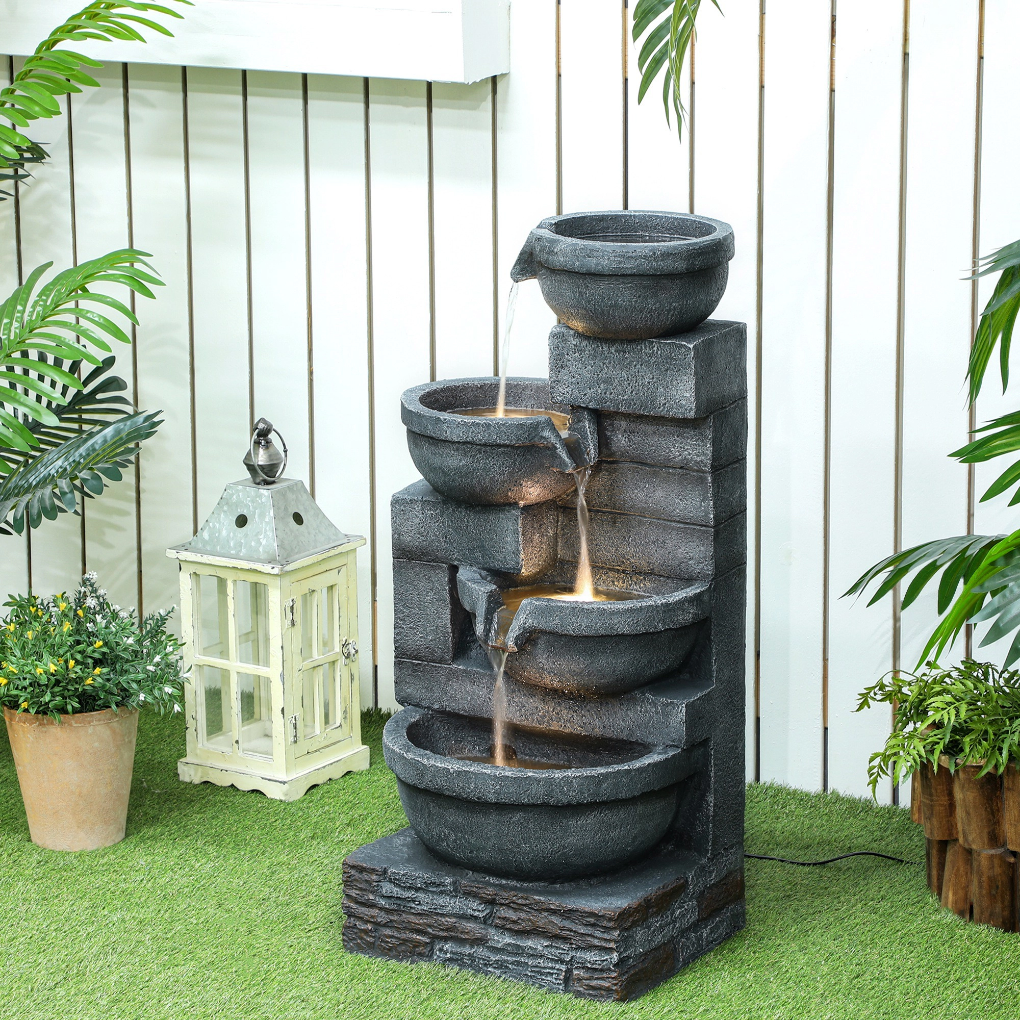 HONGGE Water Fountain 4-Tier Resin Cascading Bowls Outdoor Waterfall Fountain with LED Lights Pump