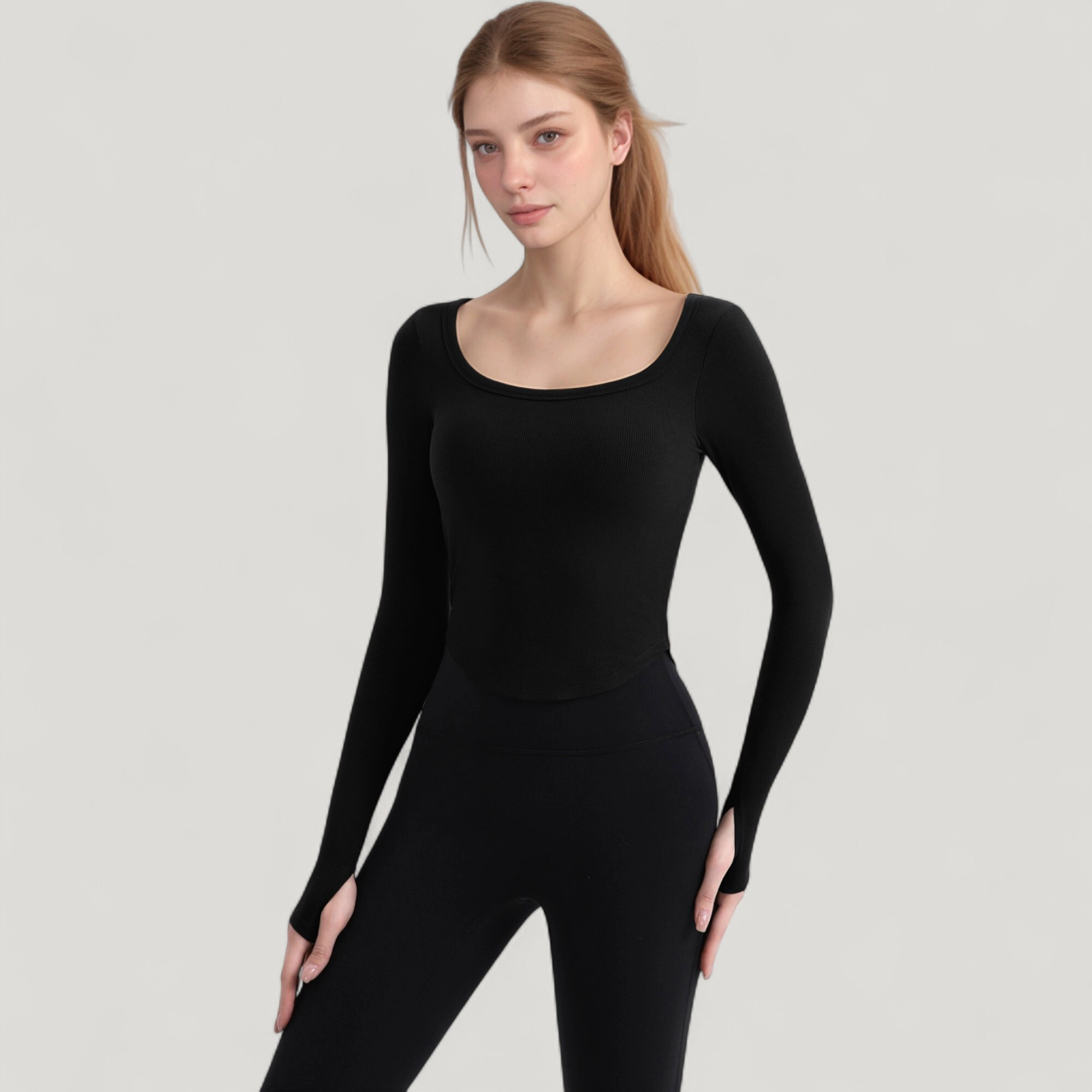 Anna-Kaci Women's Long Sleeve Pullover Top with Deep Scoop Neck and Fitted Stretch Design