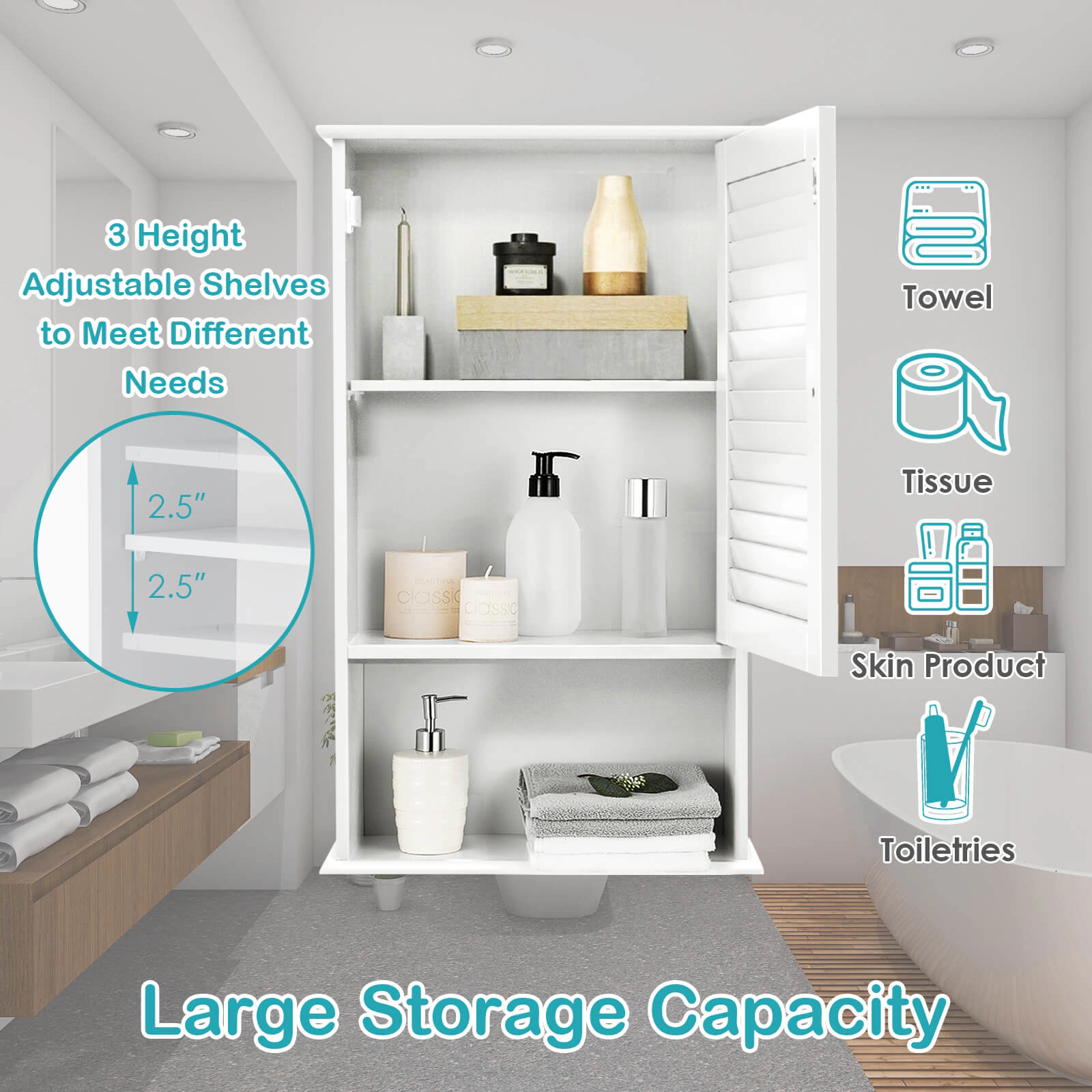 SUGIFT 3-Tier Wall Hanging Bathroom Storage Cabinet 27.5-in Tall 46-lb Capacity Brown/White/Gray