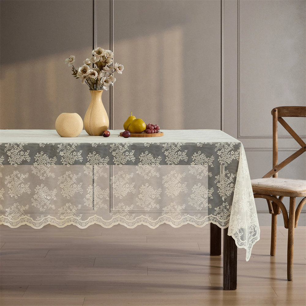 HLC.ME Jolene Floral Scalloped Lace Fabric Wrinkle Resistant Tablecloth
