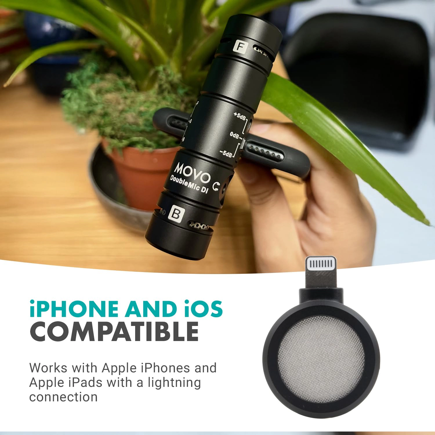 Movo DoubleMic-DI Dual Capsule Microphone for iPhone- Two-Sided Cardioid Condenser Mic for Video Recording