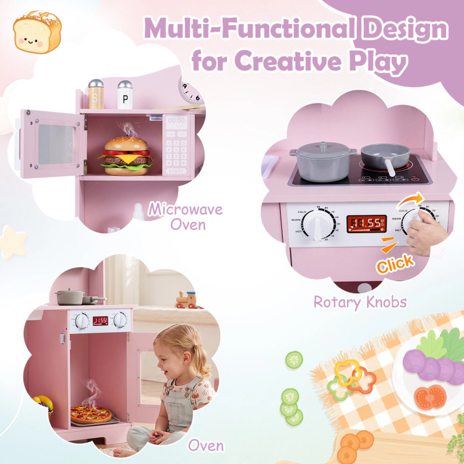 SUGIFT Multi-Functional Wooden Play Kitchen Set with Range Hood and Microwave Ages 3+ Pink with Utensils