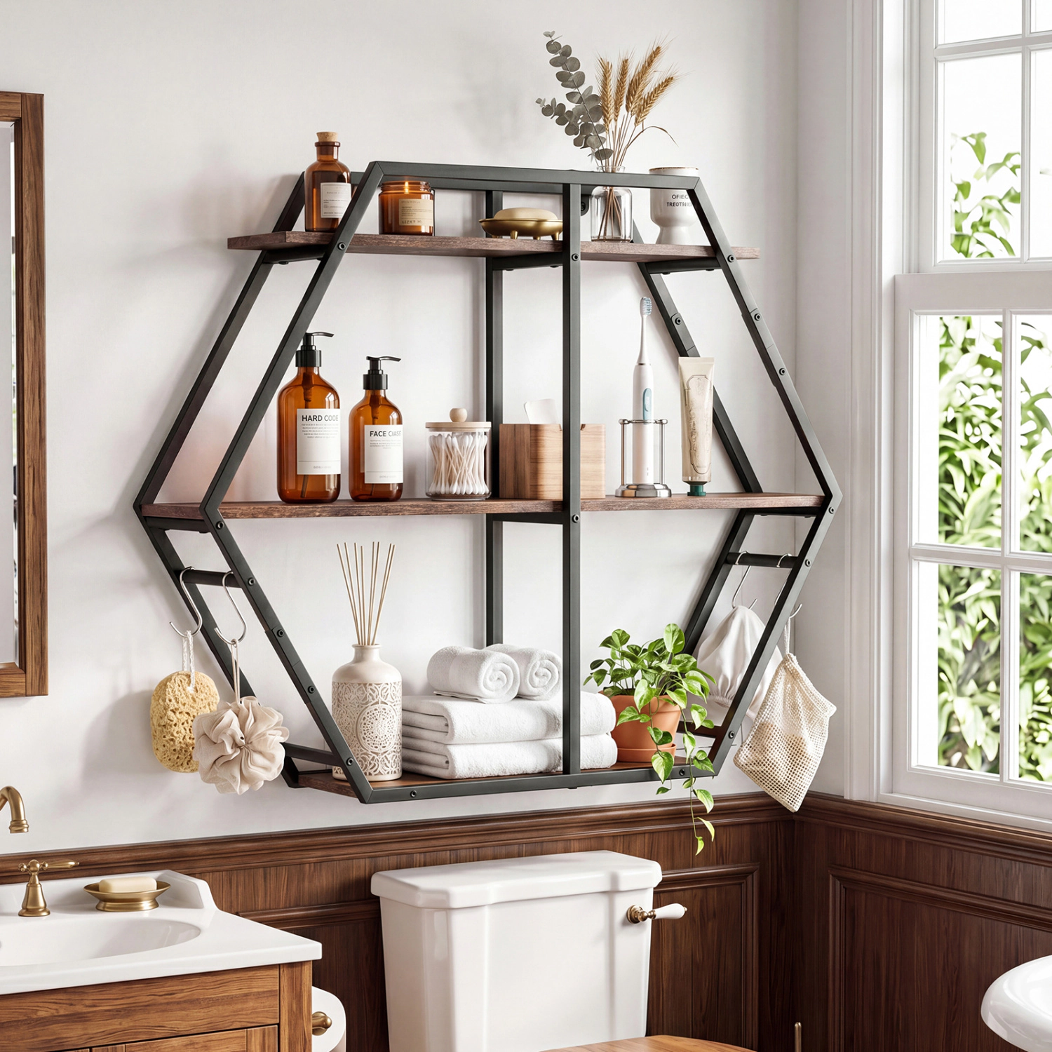 LJG 3-Tier Geometric Bookcase with S-Shaped Hooks for Living Room