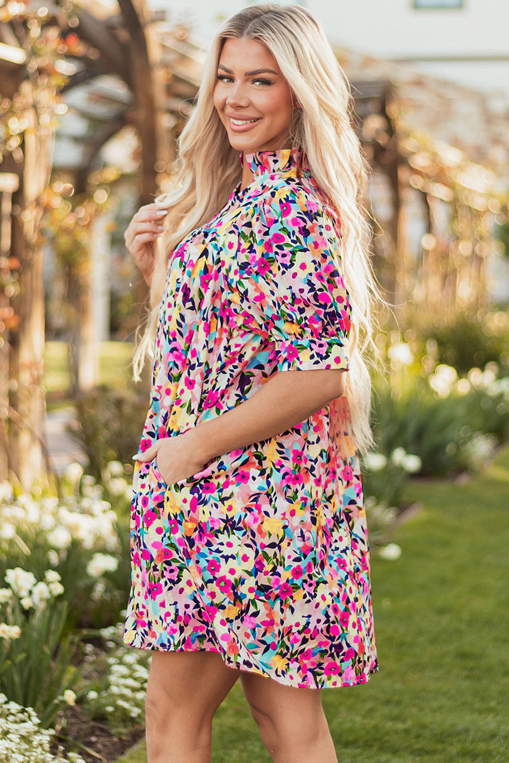 Threaded Pear Women's Hadlee Floral Puff Short Sleeve V Neck Mini Dress