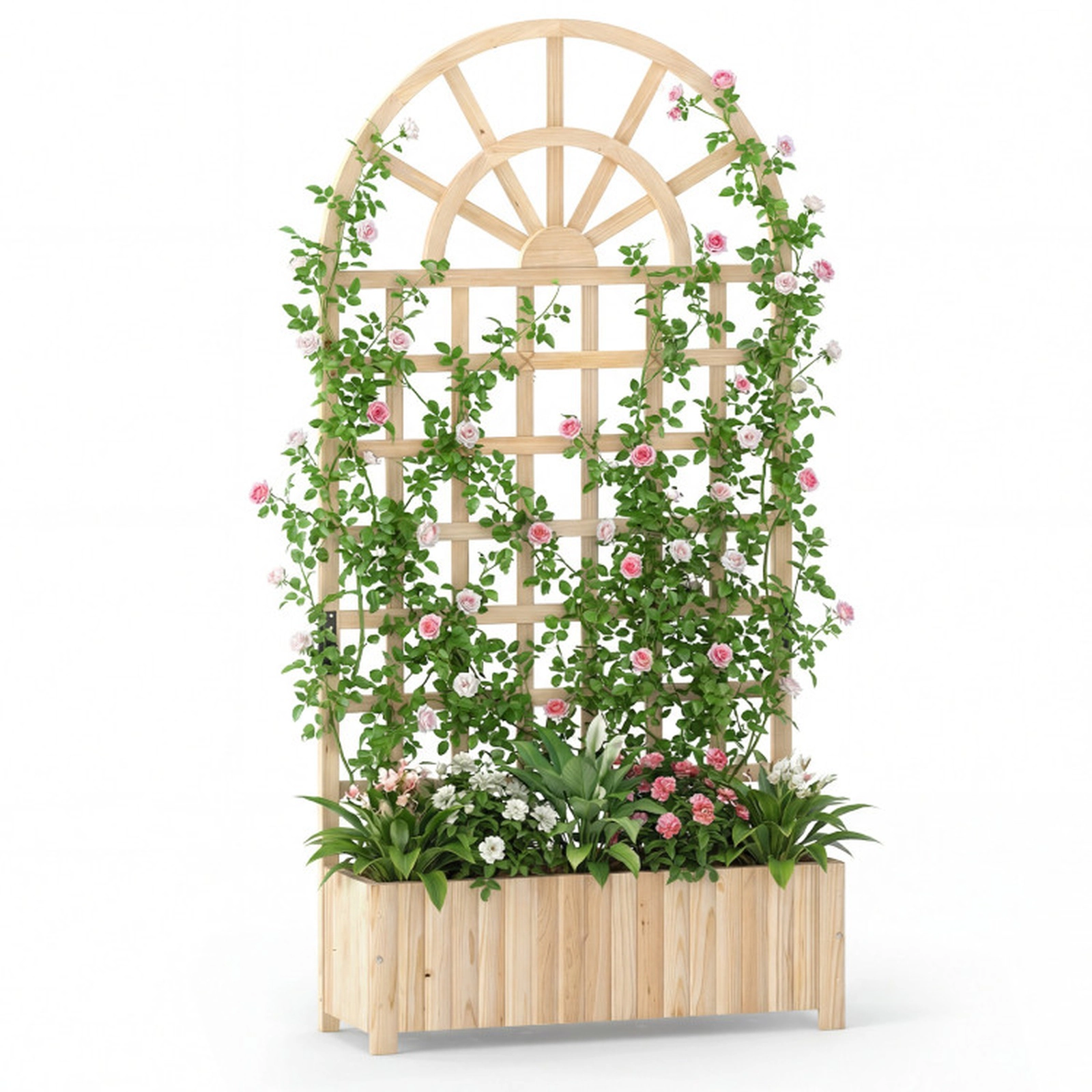 SUGIFT Natural Wood Raised Garden Bed with 71-in Lattice Trellis Privacy Screen 36-in W 12-in D 88-lb Box Capacity