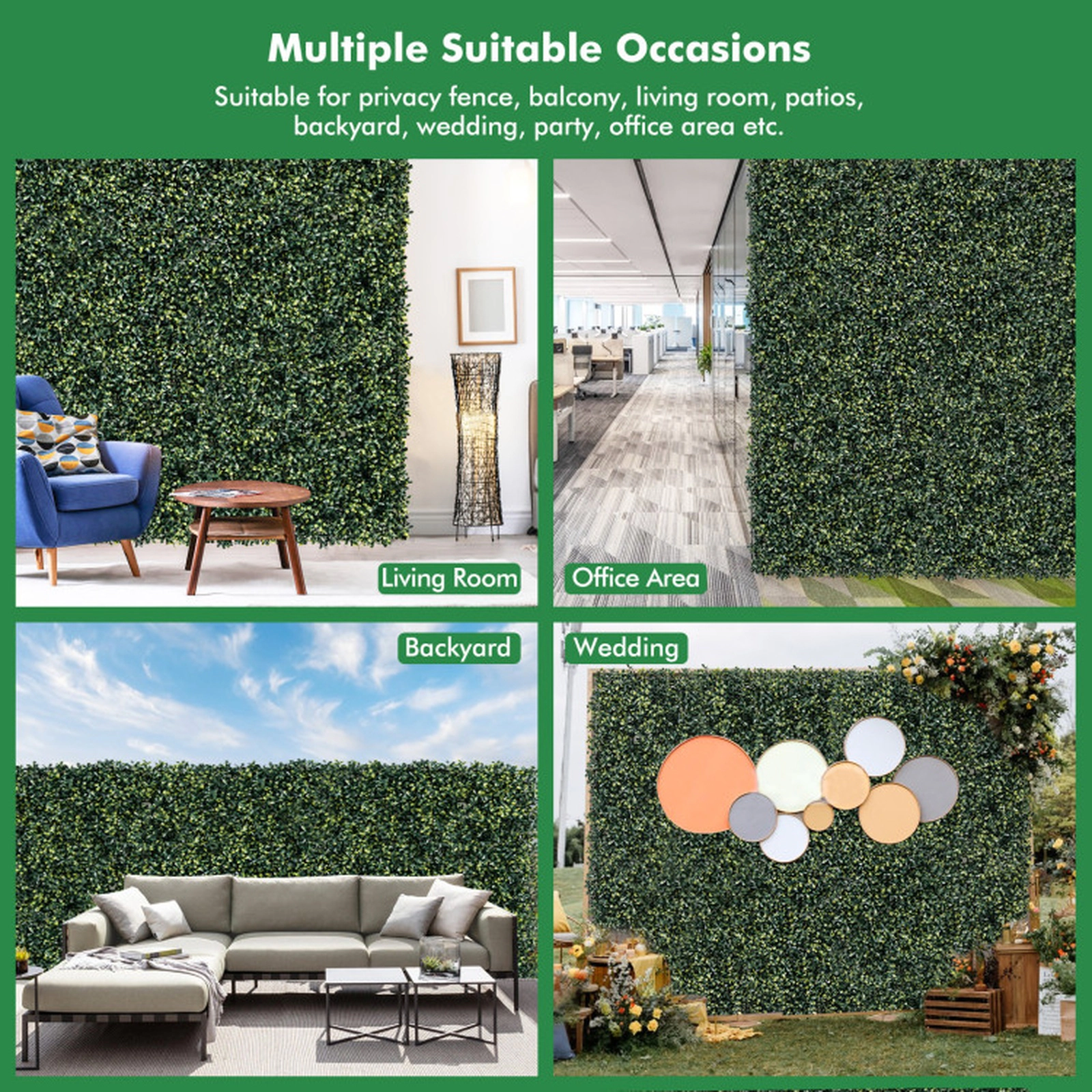 SUGIFT 12-Piece 20-in Green Artificial Peanut Leaf Hedge Panels with 4-Layer Leaves and Snap Locks