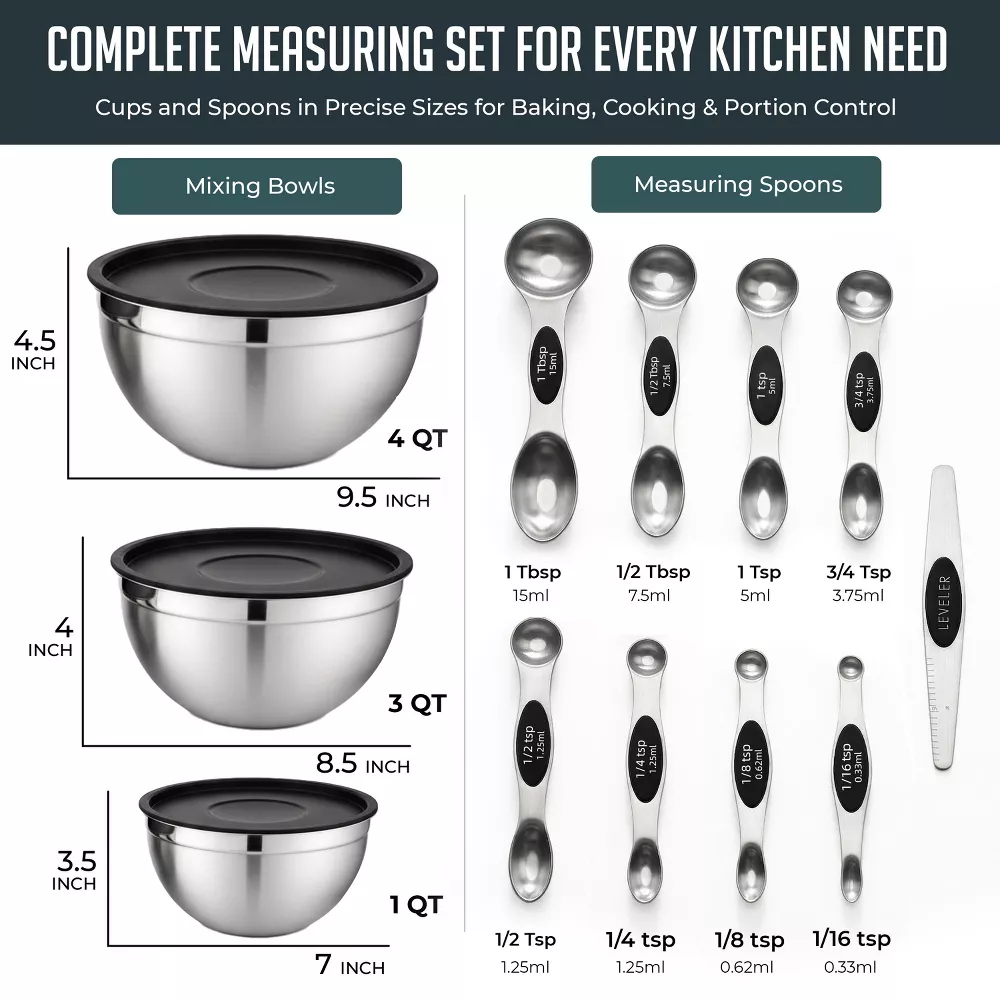Luminuxe 12 Piece Kitchen Mixing & Measuring Set, Stainless Steel Mixing Bowl with Lids and Nesting Magnetic Spoons