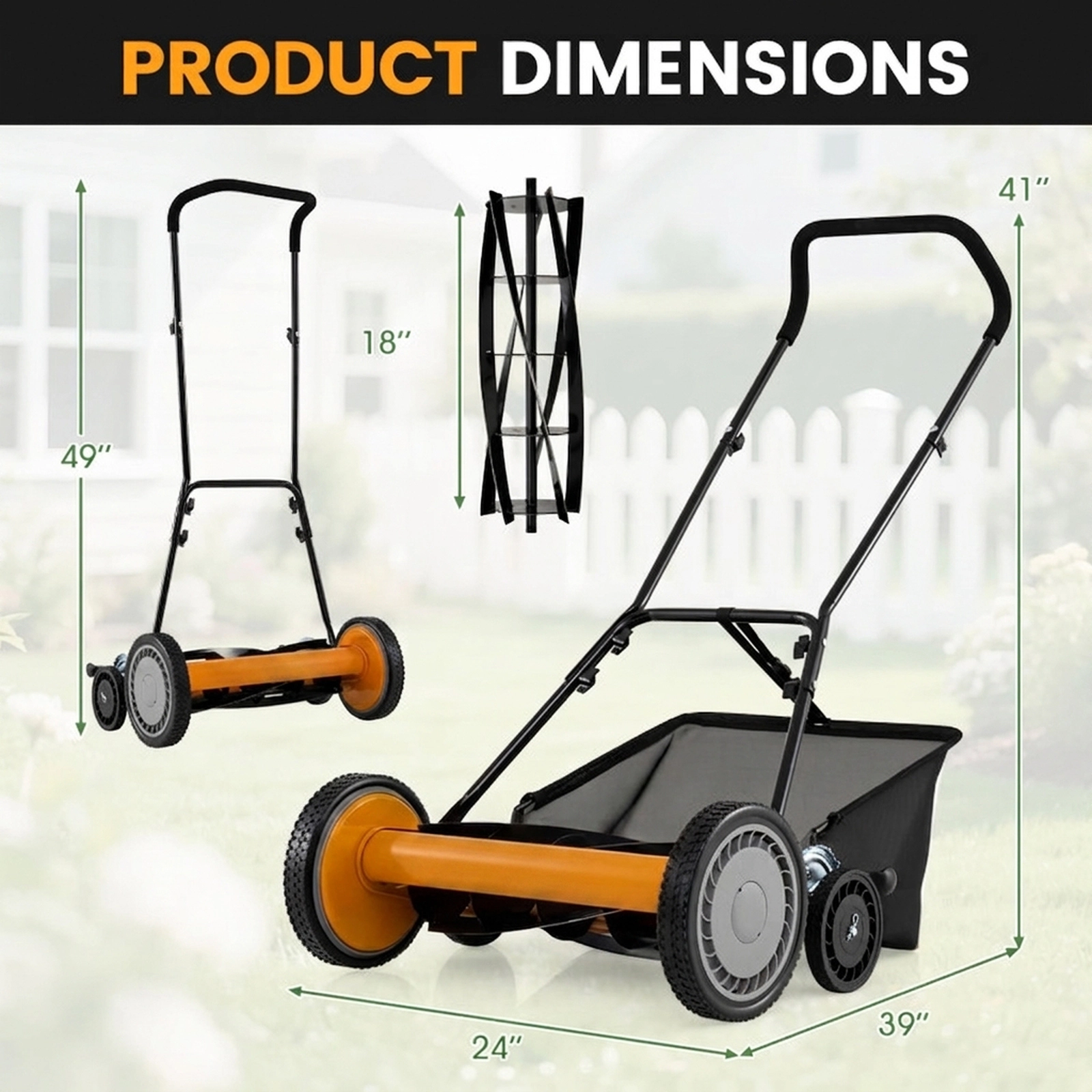 SUGIFT 18-in Push Reel Lawn Mower with 4-Position Height Adjustment Removable Grass Catcher Orange