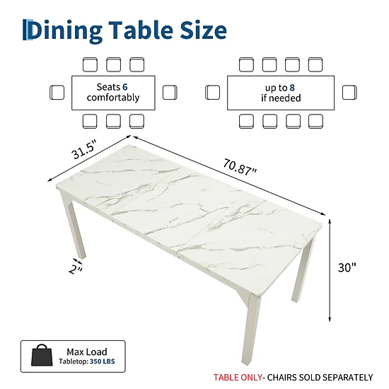 BebreezChic 71" White Rectangular Dining Table for 6-8, Sturdy Metal Frame Industrial Kitchen Table