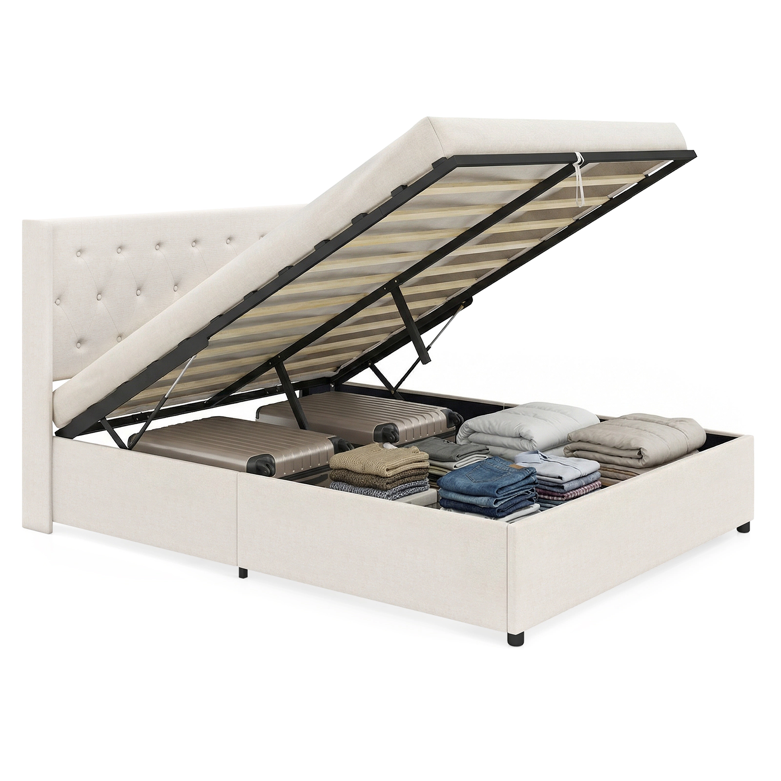 LJG Queen Lift-up Storage Bed Modern Linen Upholstered Platform