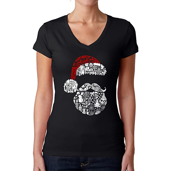 LA Pop Art Womens Word Art V-Neck T-Shirt - Santa Pics