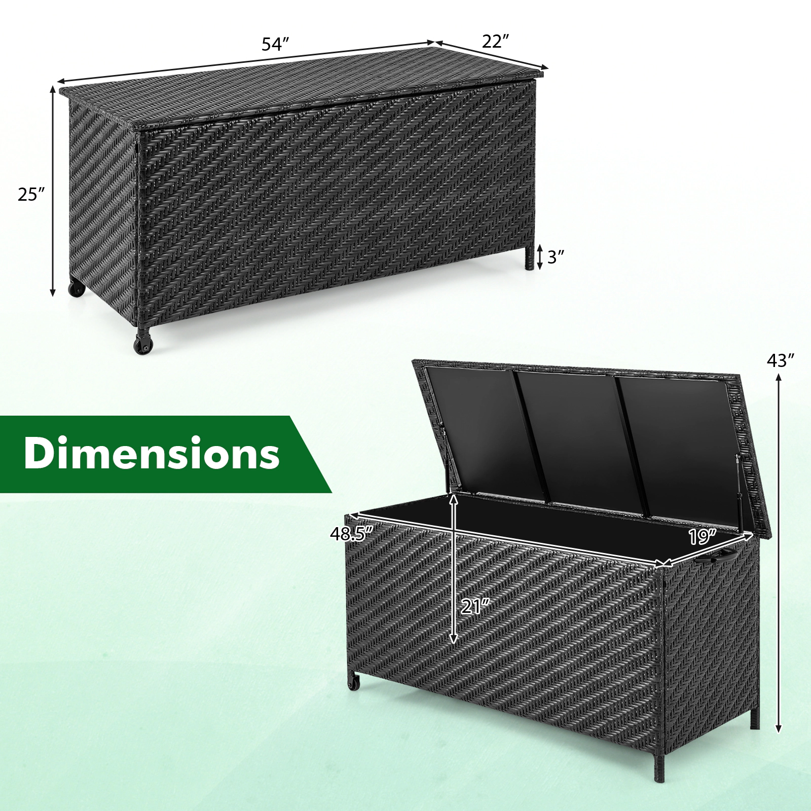 SUGIFT 85 Gallon PE Rattan Outdoor Storage Box with Liner and Wheels 66-lb Top 88-lb Bottom Capacity Brown/Black