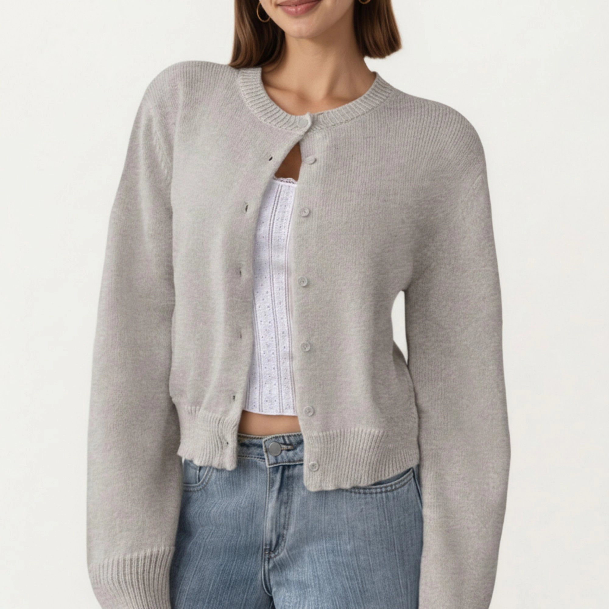 Anna-Kaci Women's Soft Knit Button Front Cropped Cardigan with Ribbed Trim Details and Relaxed Long Sleeves