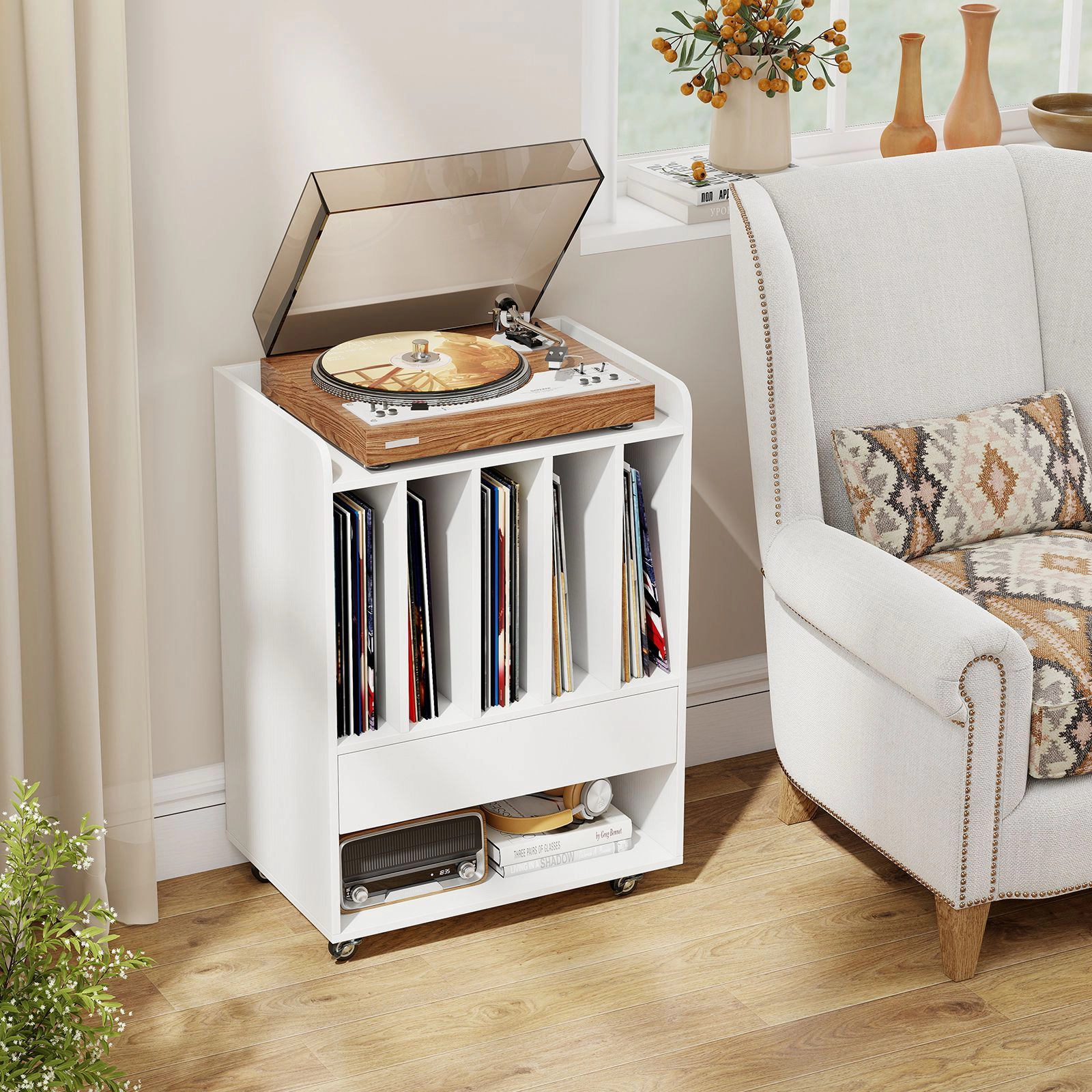 SlickBlue Vinyl Record Storage Cabinet with 5 Dividers and Drawer