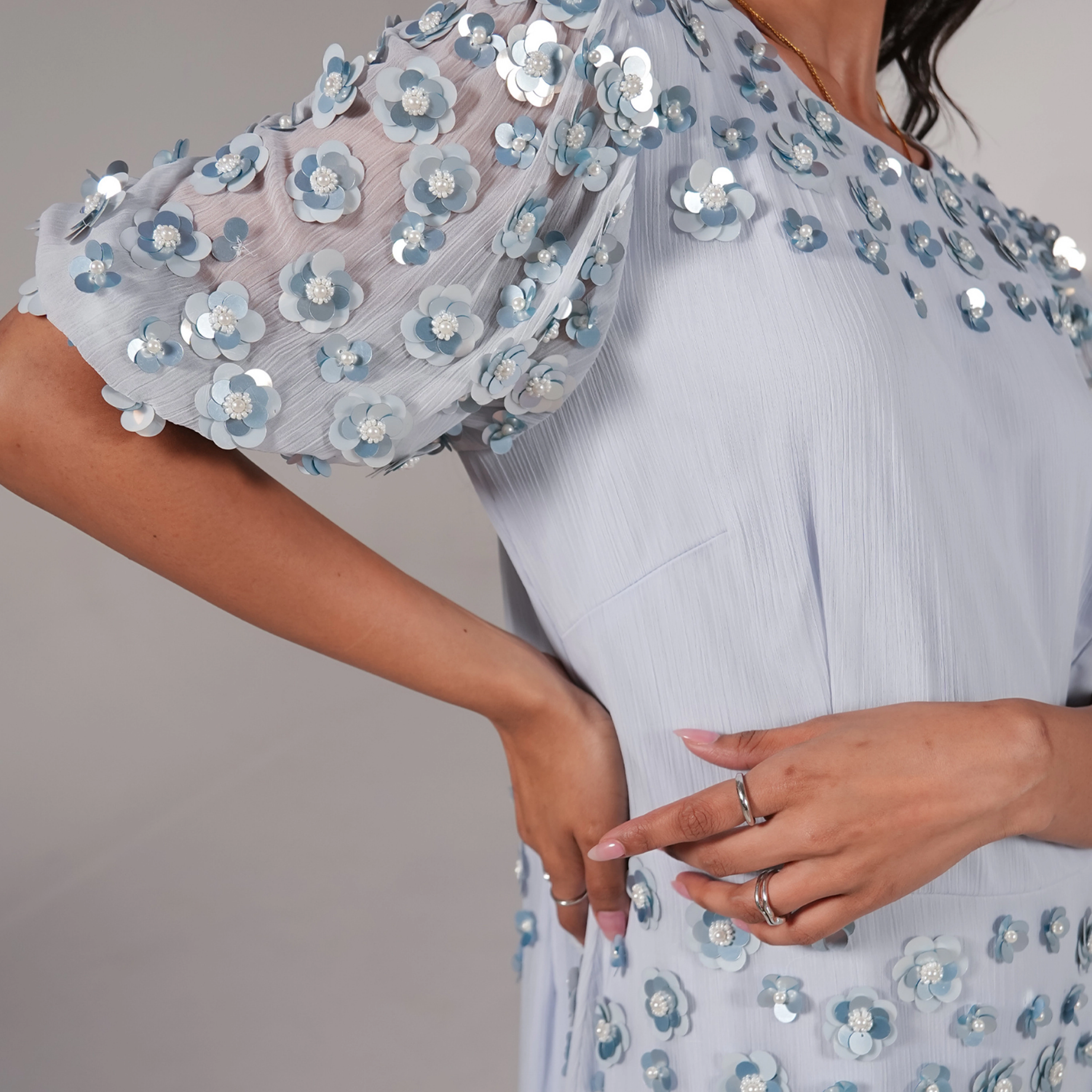 Rose & Nancy Women's Morena Soft Blue Hand Embellished Midi Dress