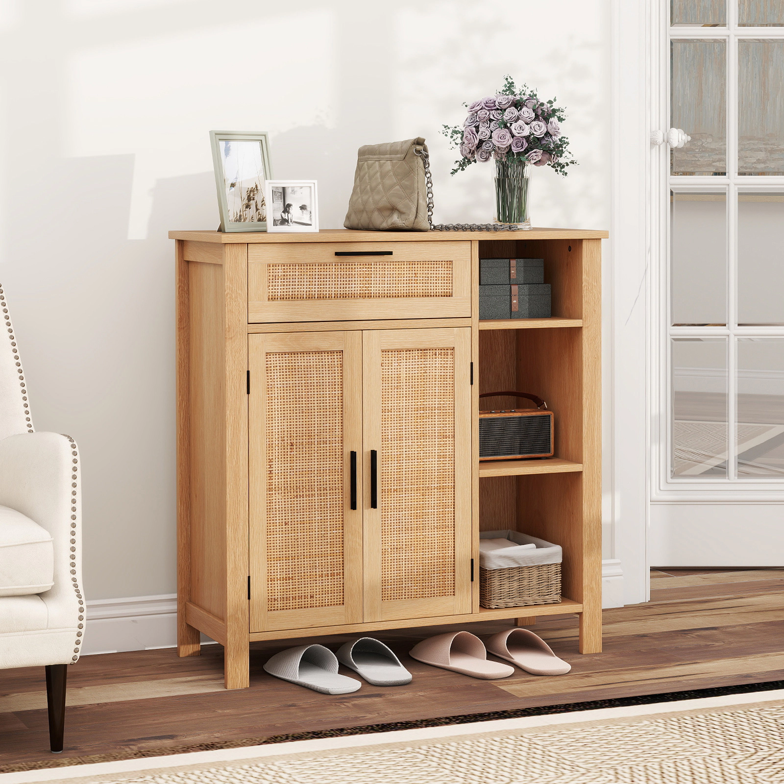 LJG Boho Buffet Sideboard Storage Cabinet with Drawer and Rattan Woven Doors