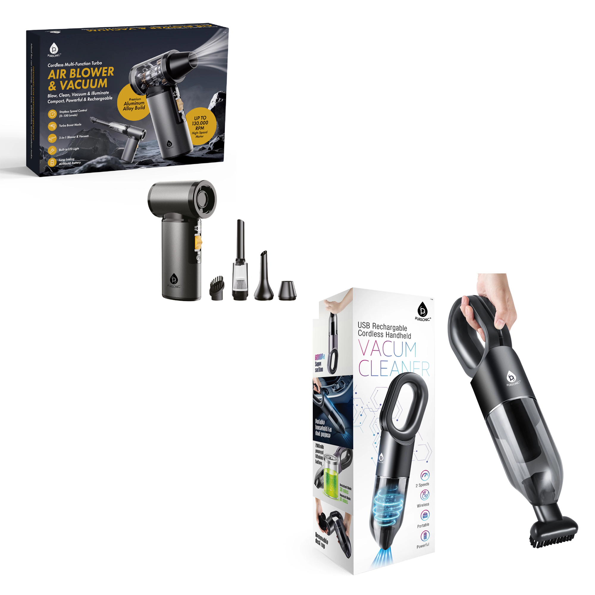 Purvolt Unisex 3-in-1 Turbo Air Duster & Cordless Handheld Vacuum Cleaning Bundle