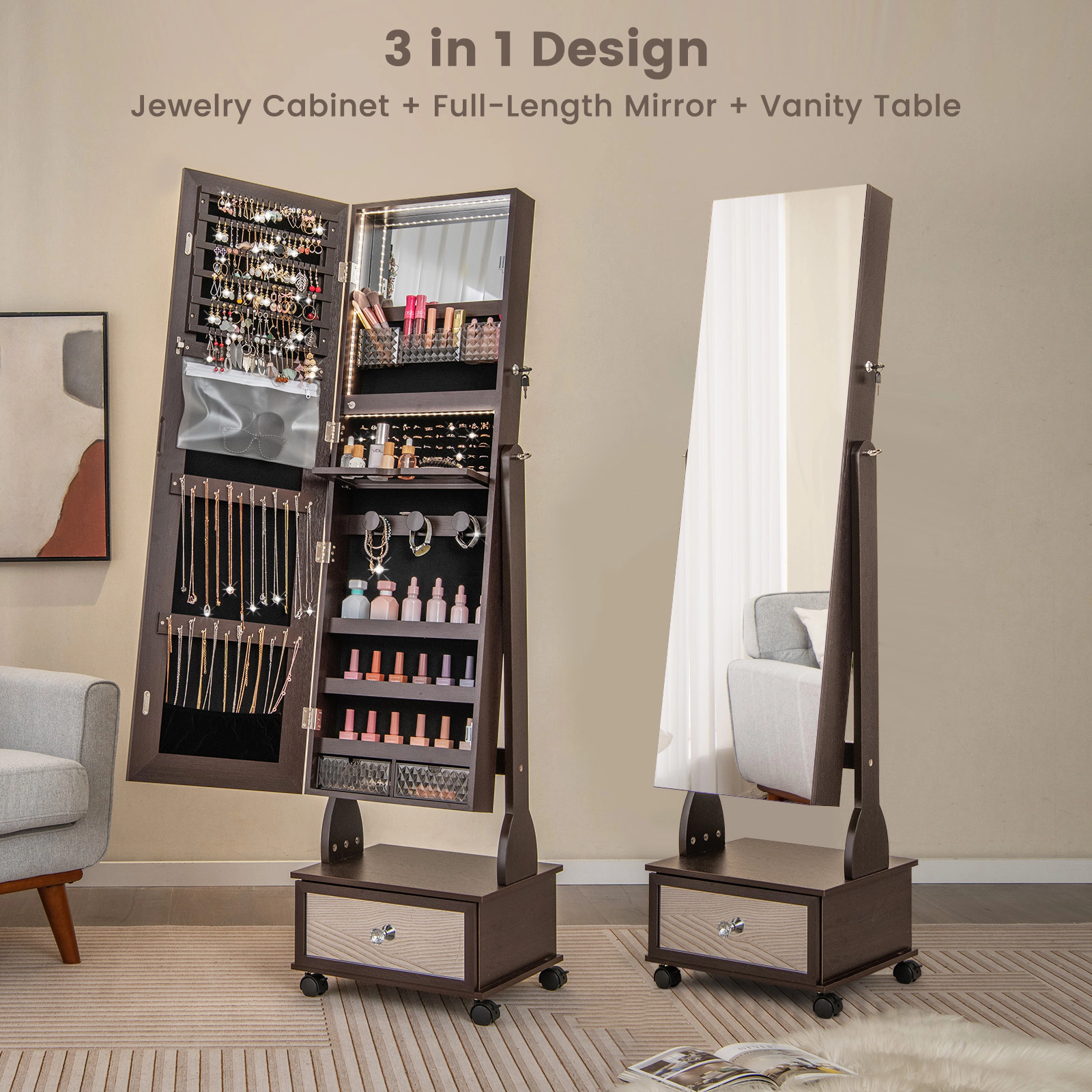 Slickblue 62.5 Inch Freestanding Lockable Jewelry Cabinet with Full-Length Mirror, LED Lights and Rolling Wheels