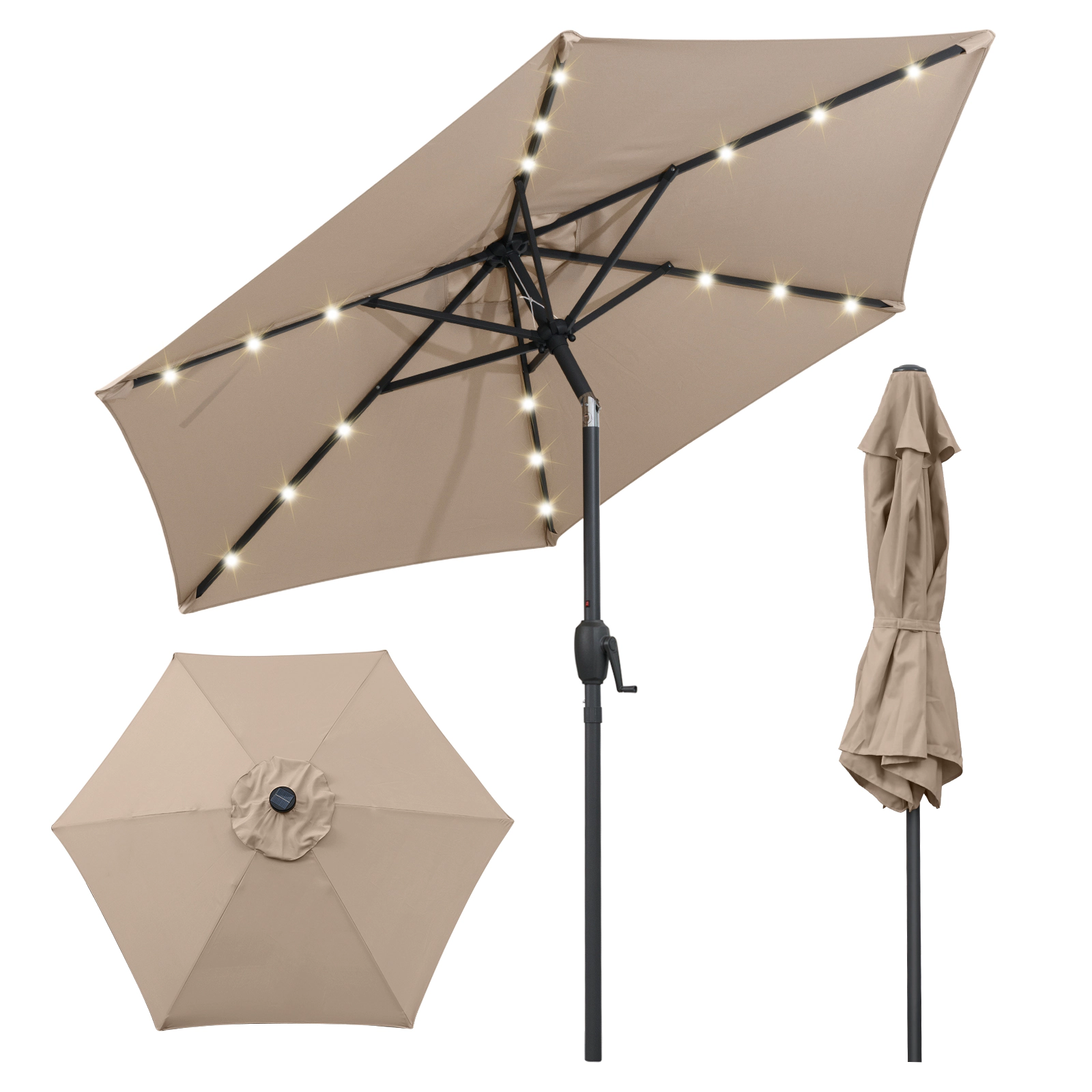 SUGIFT Tan 7.5 ft Solar Powered Patio Umbrella with 18 LED Lights and Crank Handle