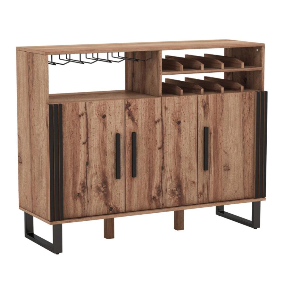 Hivvago Home Wine Bar Cabinet With 3 Doors And Adjustable Shelves-Brown