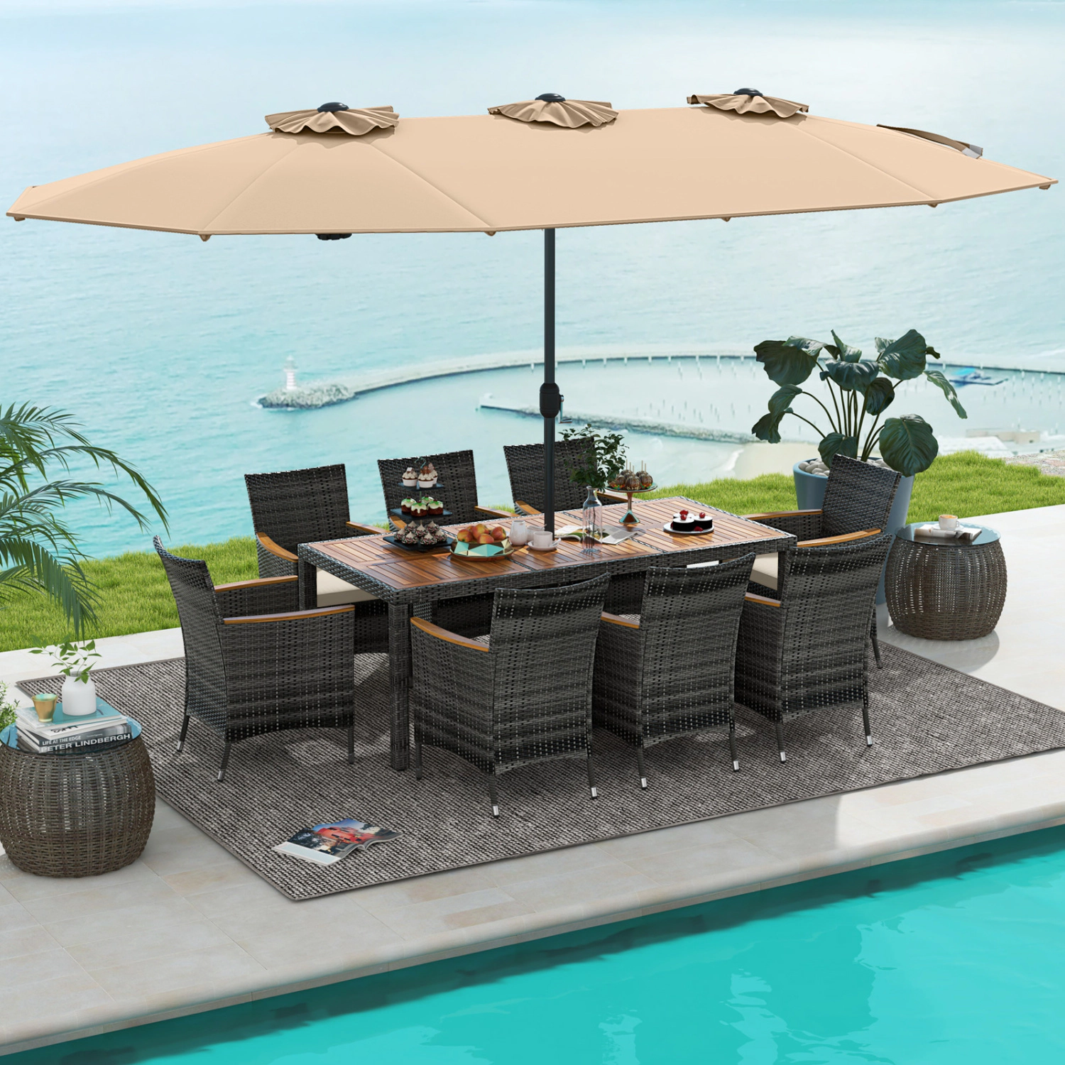 Hivvago 10 Pieces Patio Wicker Dining Set with 15 Feet Double-Sided Patio Umbrella