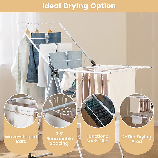 SUGIFT 2-Level Laundry Drying Rack with Height Adjustable Wings 45-lb Capacity White