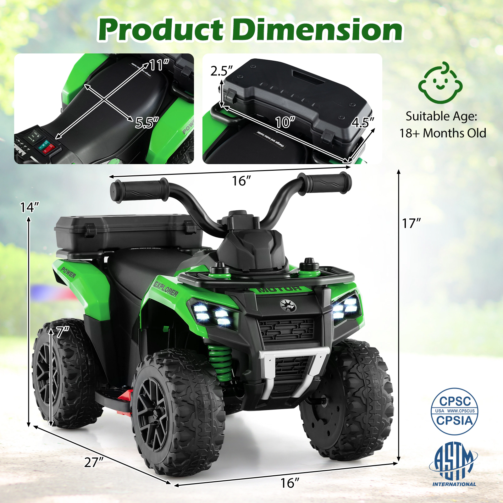 SUGIFT Water Spray Function Storage Box and Music 6V Kids Ride On ATV