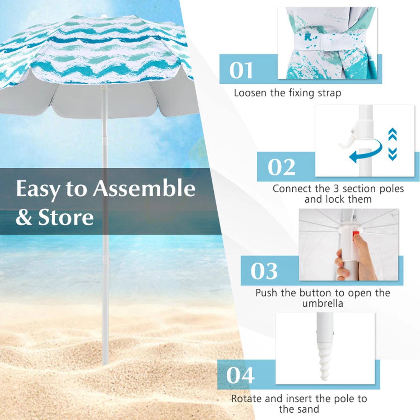 SUGIFT Blue 2 Folding Chairs and 80-in Picnic Blanket 4-Piece Beach Umbrella Set